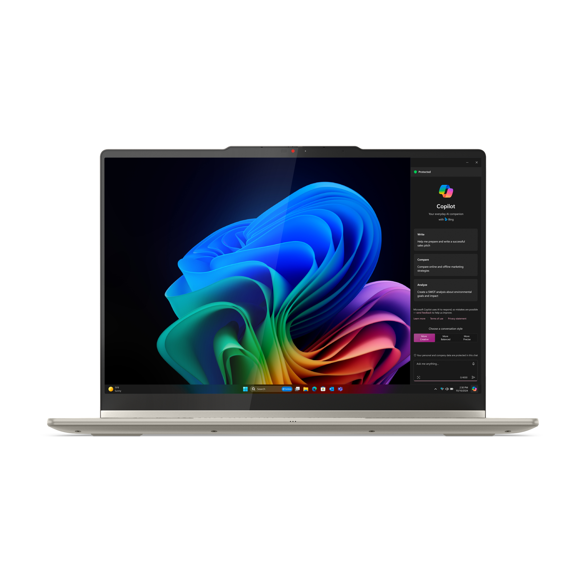Laptop wyświetla kolorową tapetę z otwartym oknem Copilot.