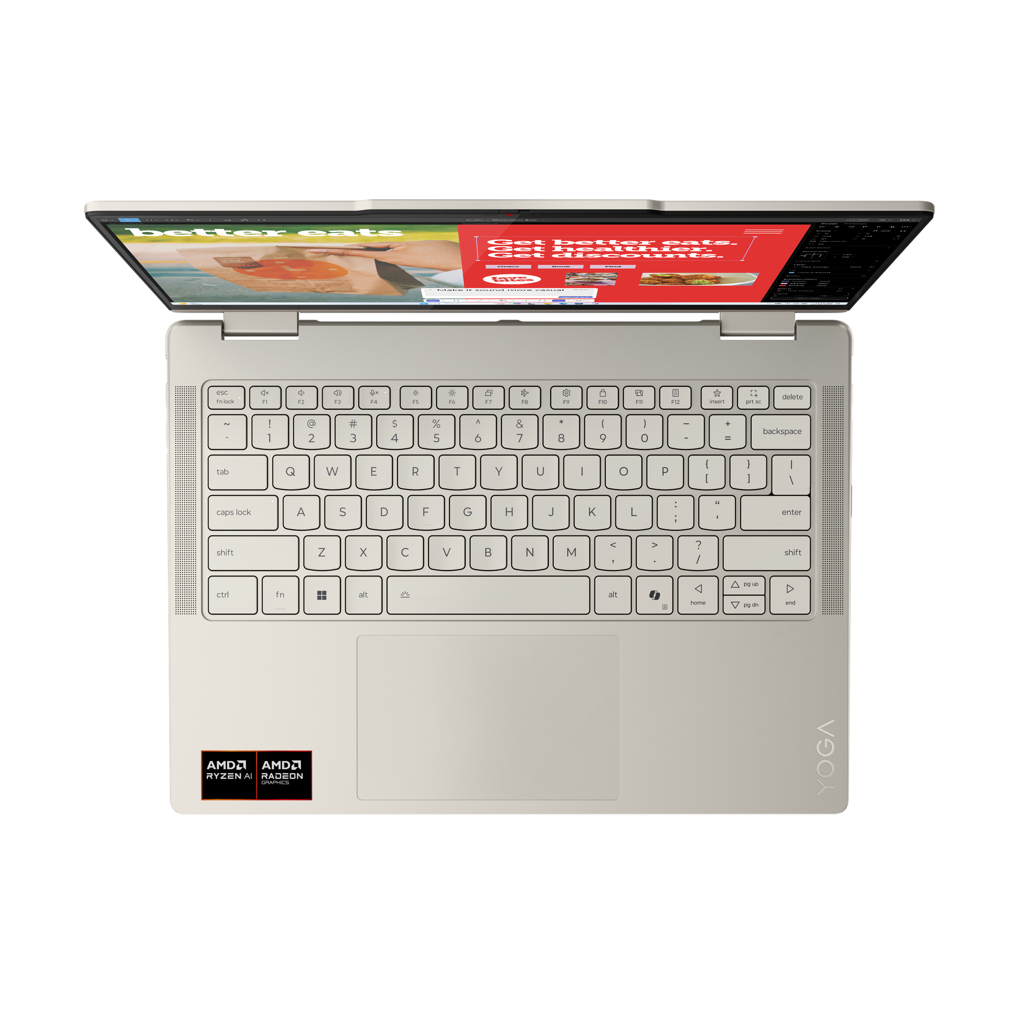 Jasnobrązowy laptop z otwartym ekranem pokazującym reklamę jedzenia. Widoczna klawiatura.