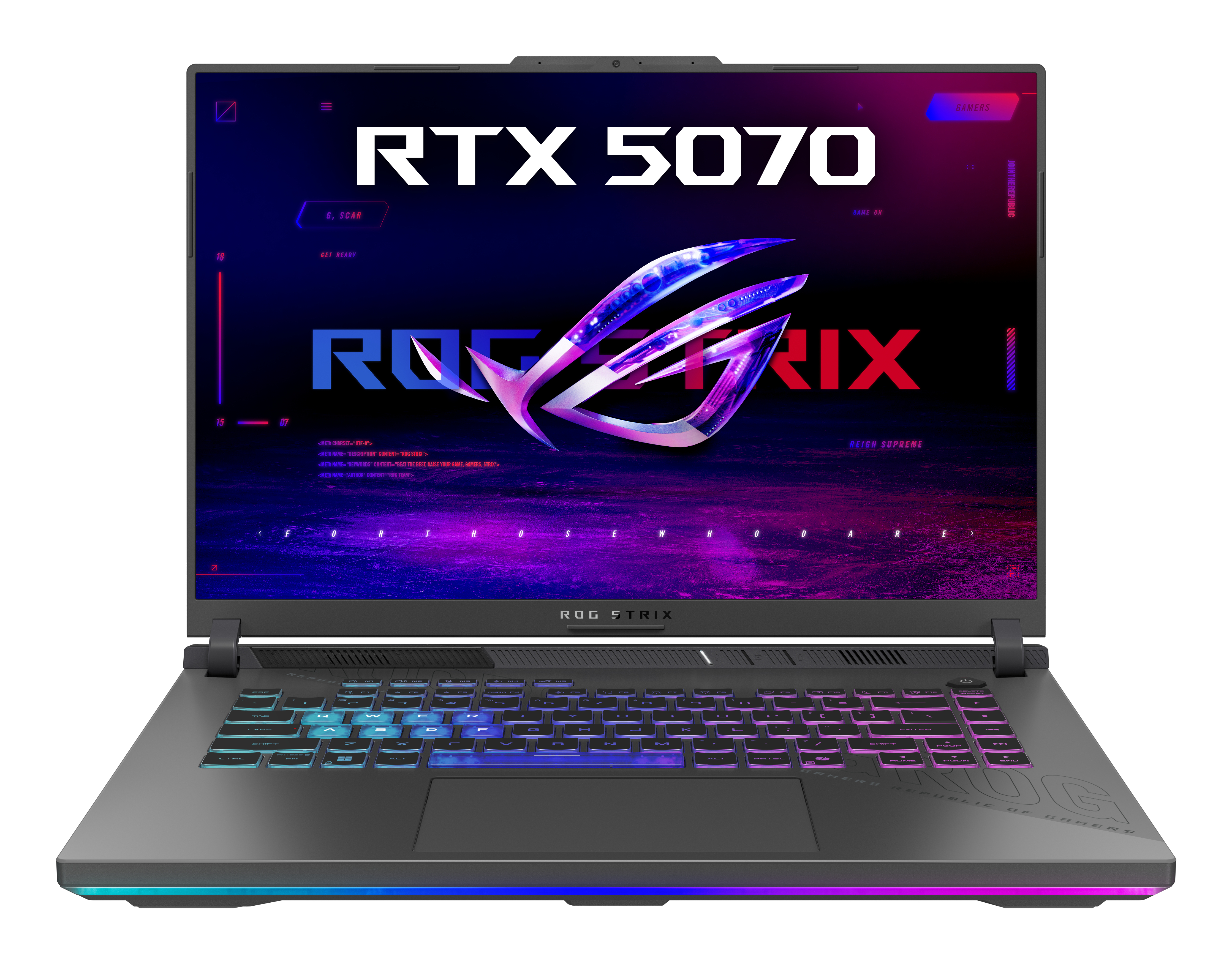 Ein ROG Strix Laptop mit RTX 5070 Schriftzug und RGB-Tastatur.