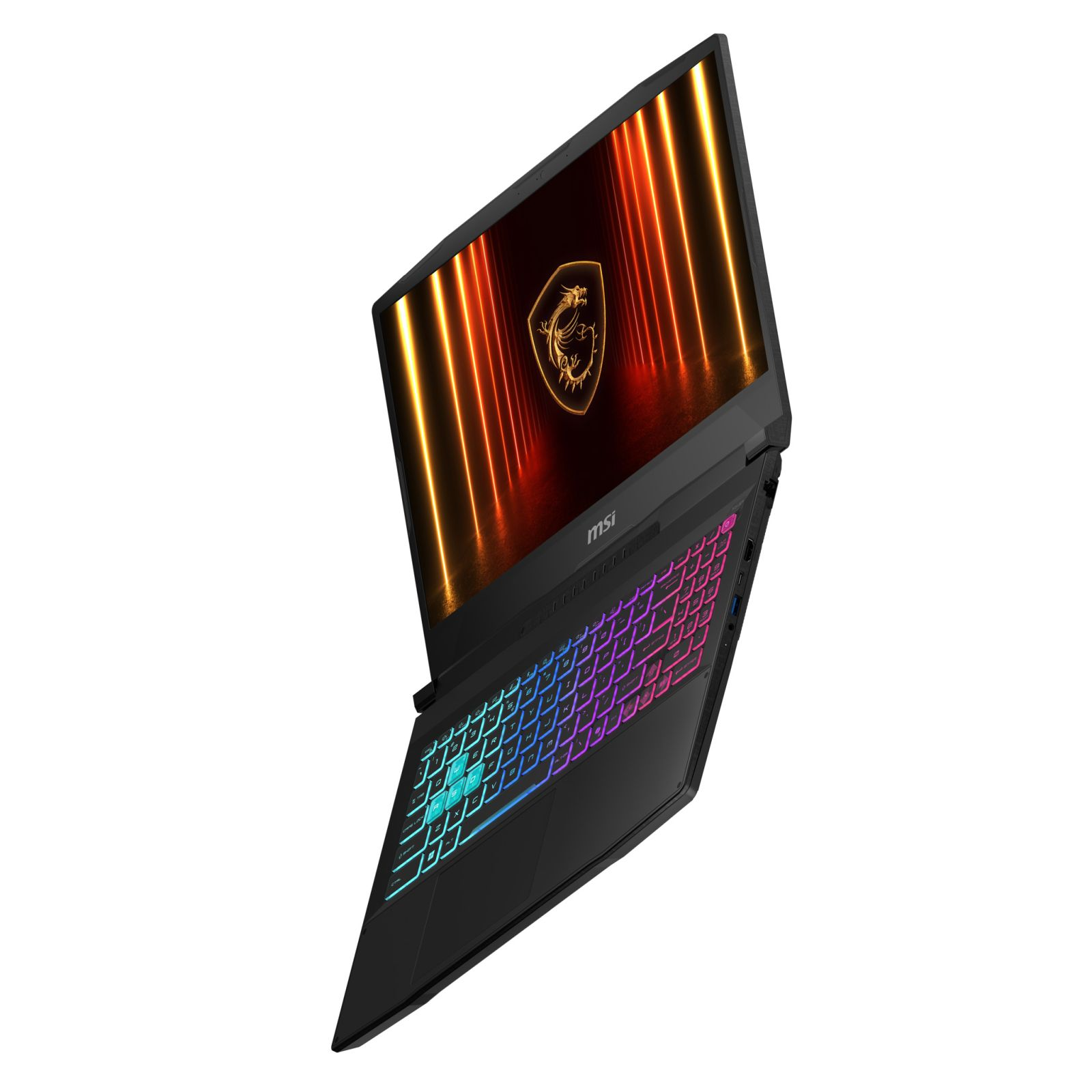Czarny laptop z podświetlaną klawiaturą i logo MSI na ekranie.
