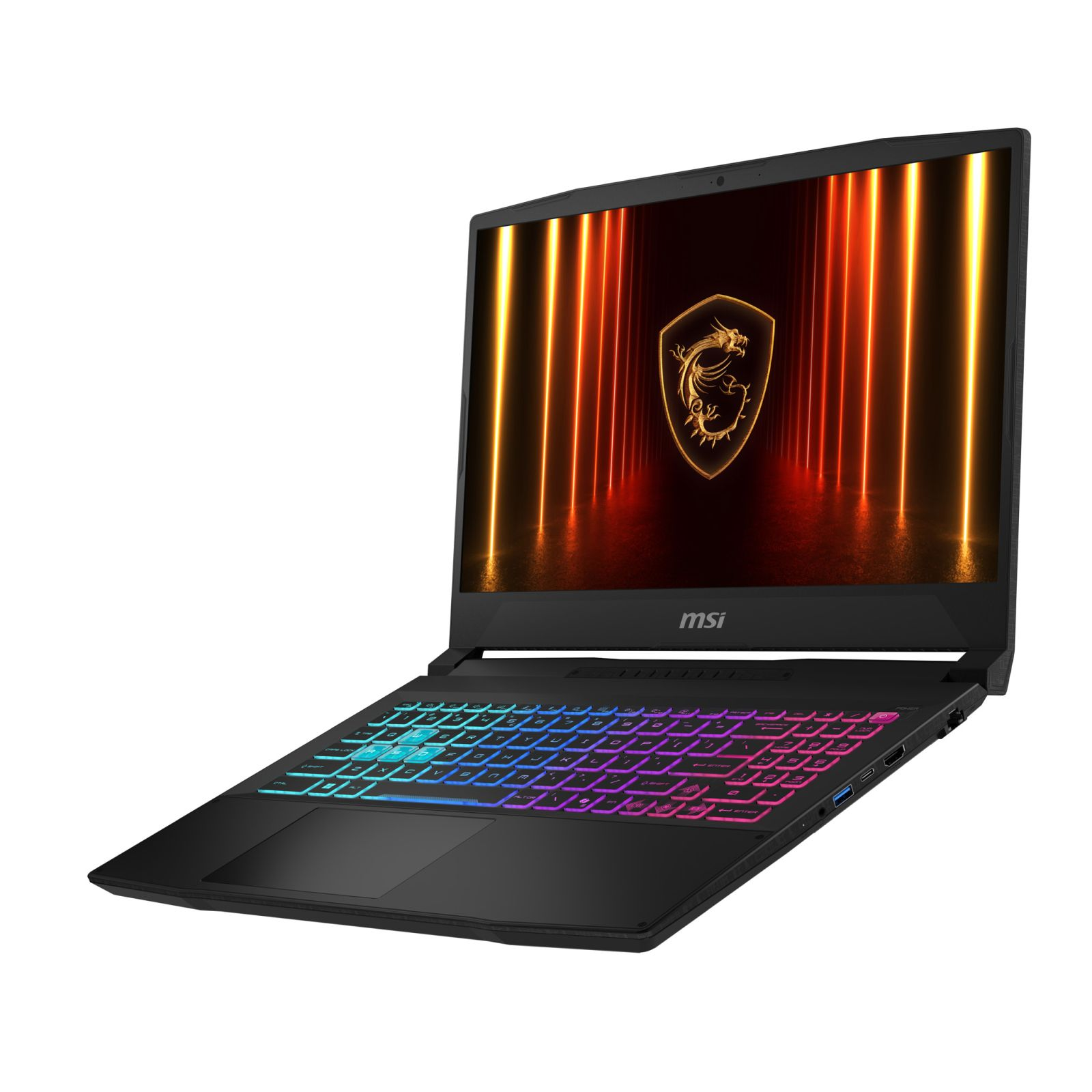 Czarny laptop gamingowy MSI z podświetlaną klawiaturą i logo MSI na ekranie.