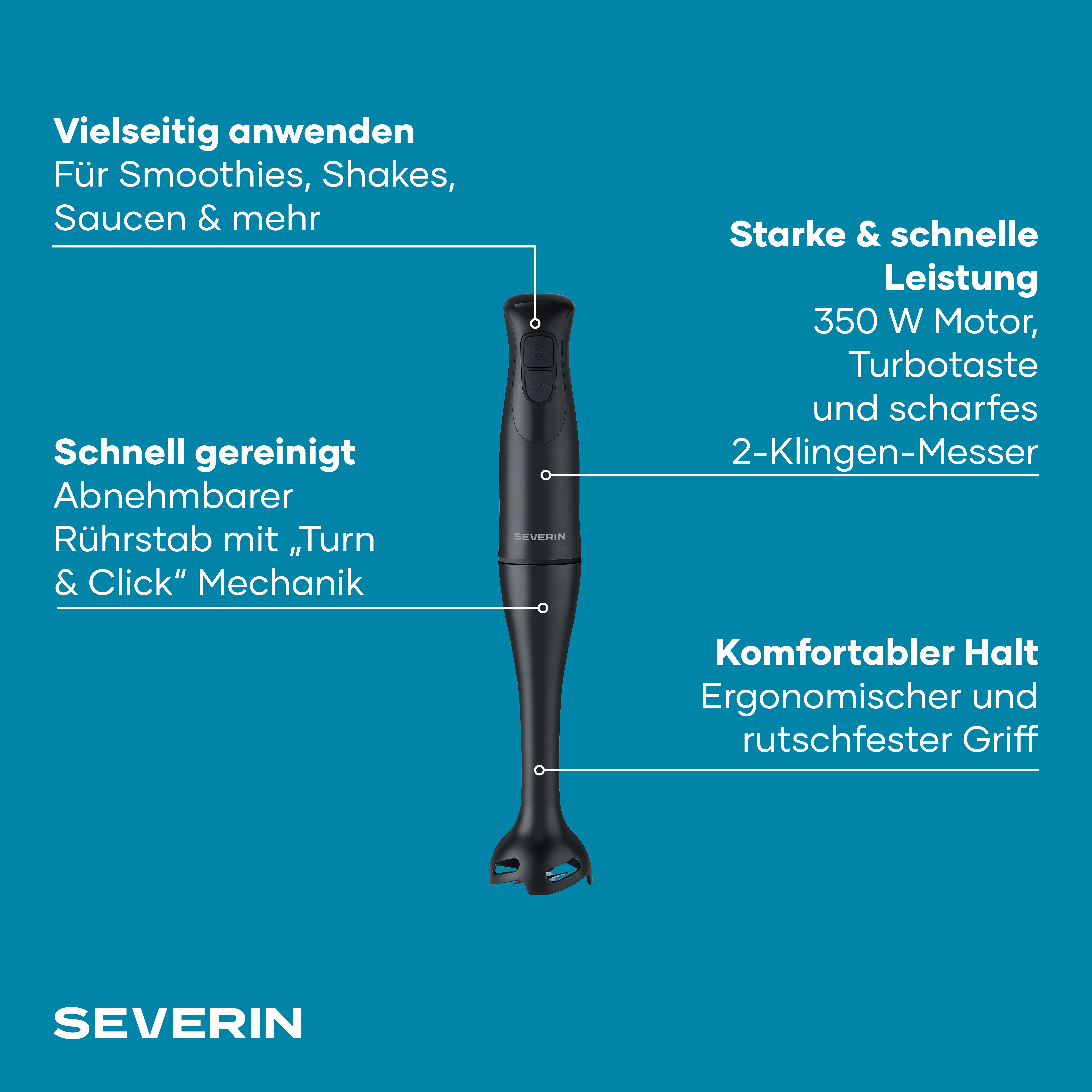 Frullatore a mano Severin nero con pulsante turbo, motore 350W.