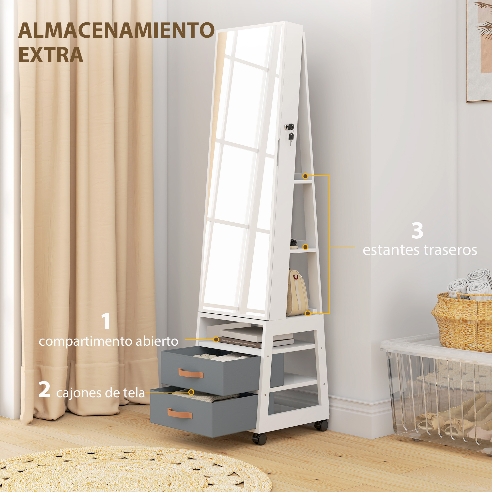 Armario blanco para joyas con espejo, cajones, estantes abiertos y ruedas.