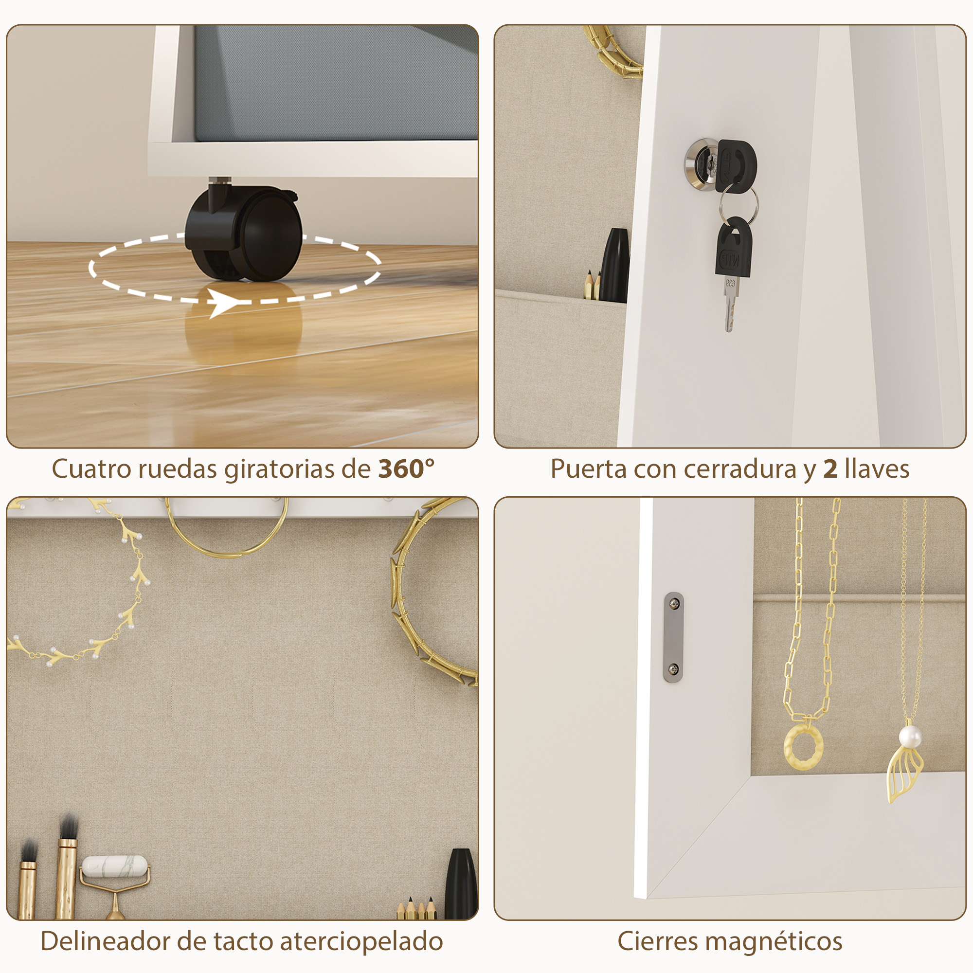 Cuatro ruedas giratorias de 360°, puerta con cerradura y 2 llaves, cierres magnéticos.