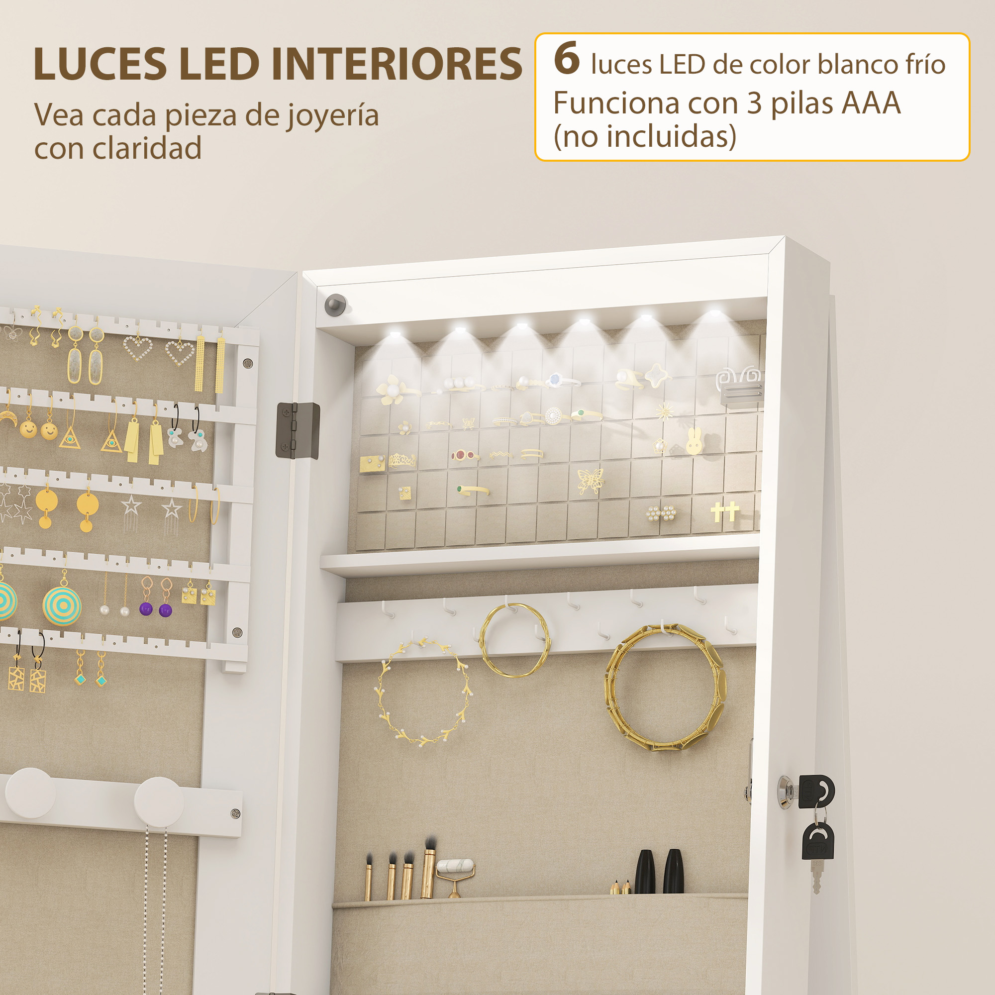 Un joyero abierto con iluminación interior LED y muchas piezas de joyería.