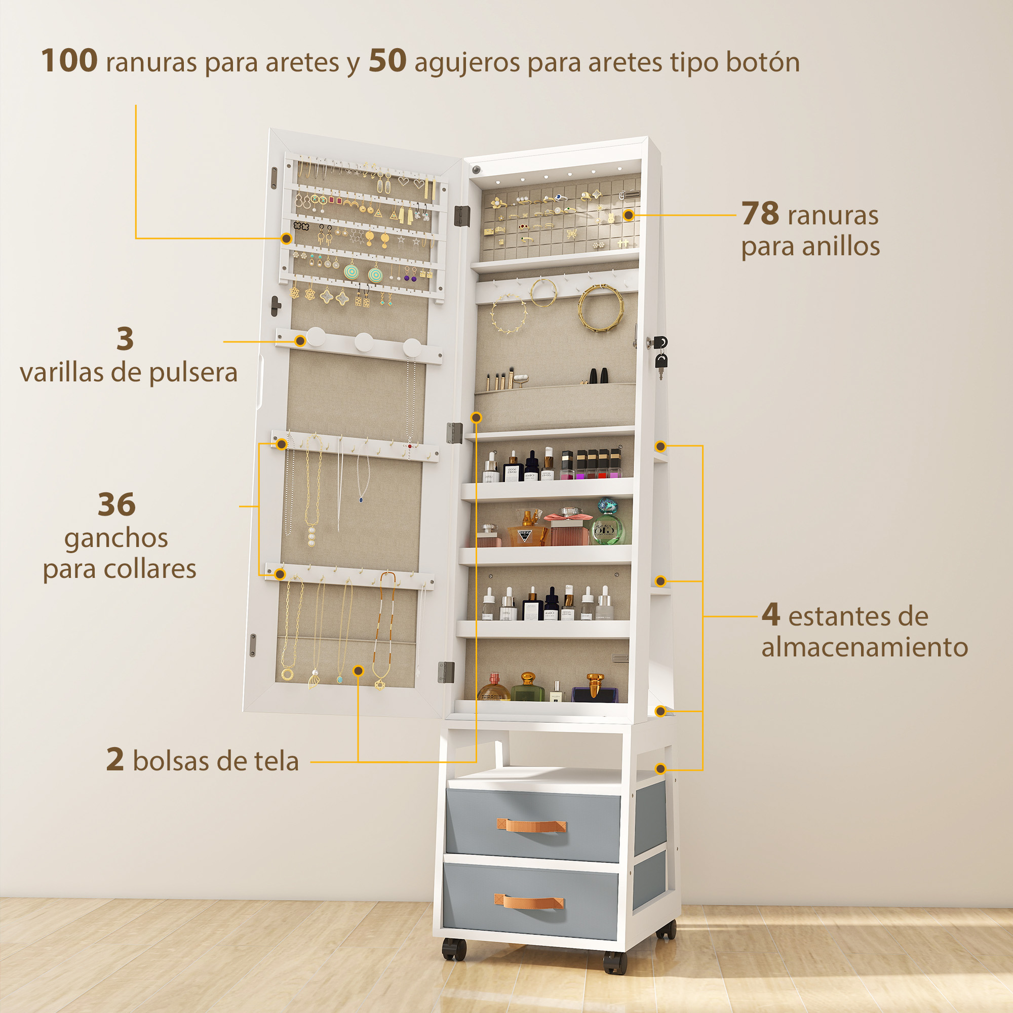 Armario de joyería blanco con puertas abiertas que exhiben joyas y cosméticos.