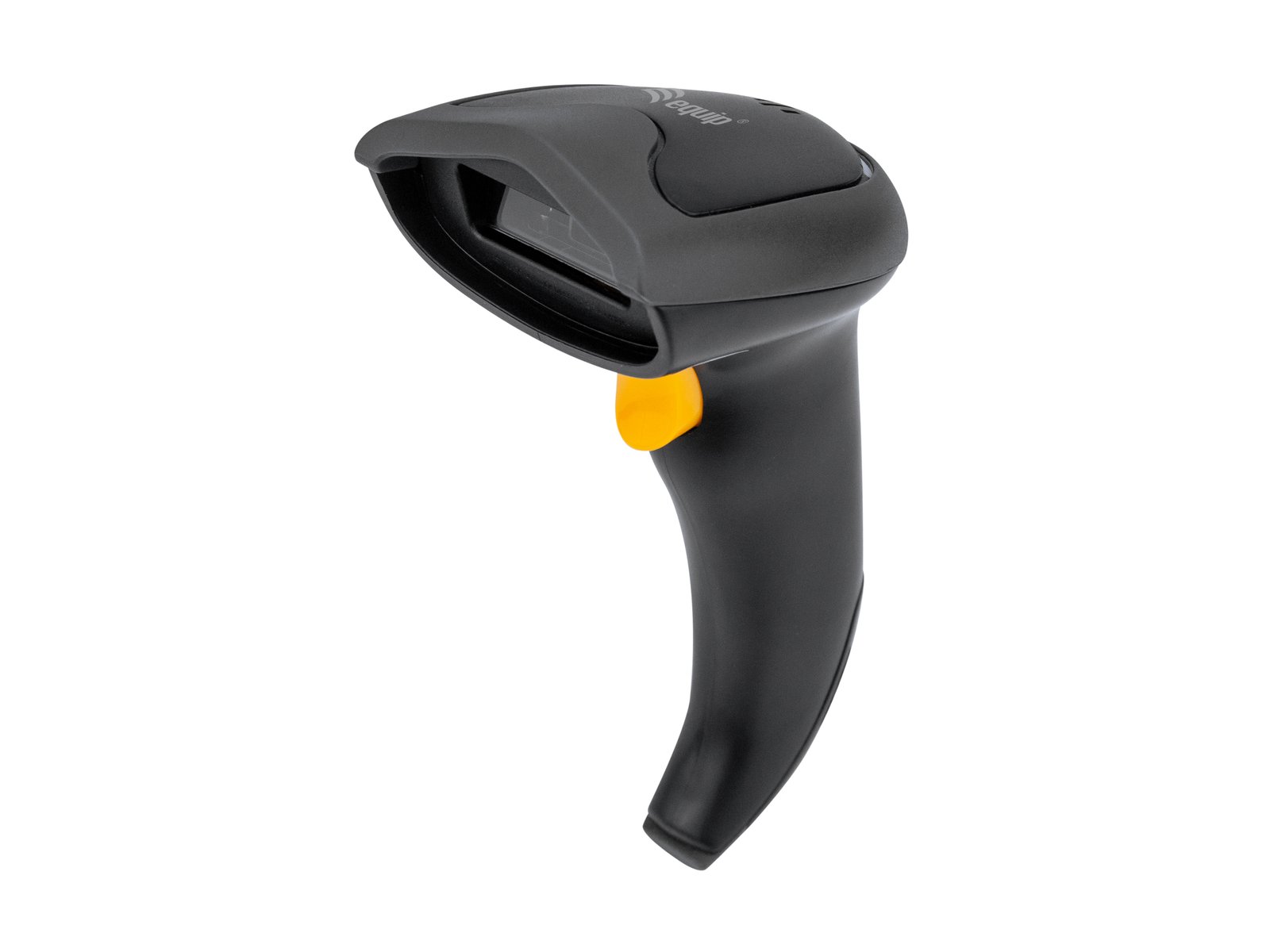 Scanner di codici a barre nero con grilletto giallo, su sfondo bianco.