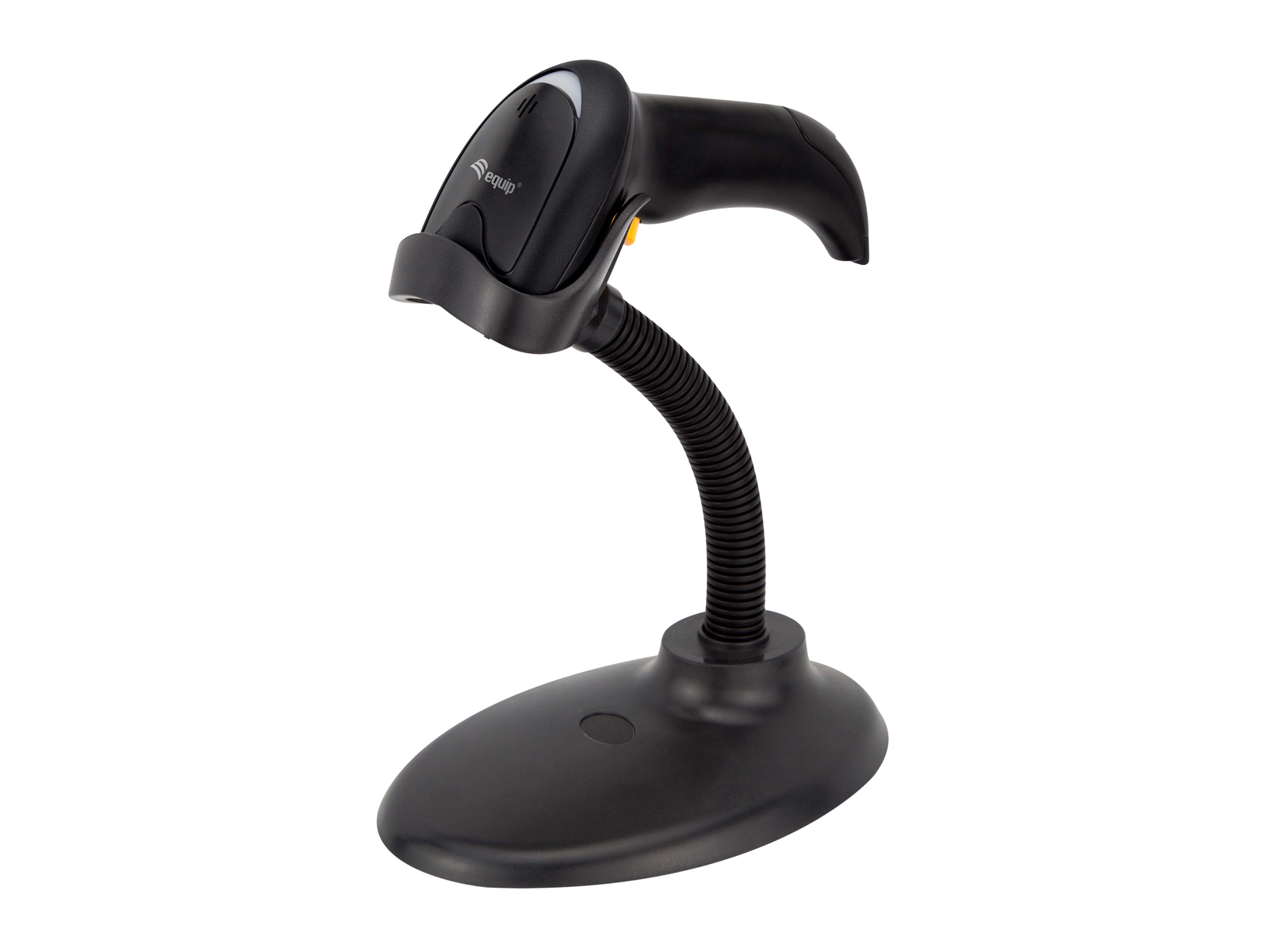 Scanner di codici a barre nero con collo flessibile e base rotonda su sfondo bianco.