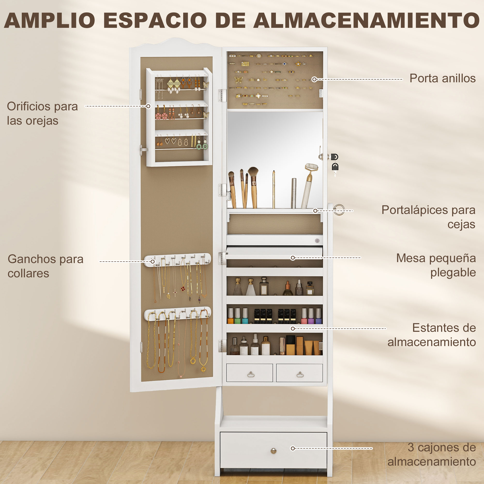 Un armario blanco con espejo para joyas con compartimentos para joyas y cosméticos.