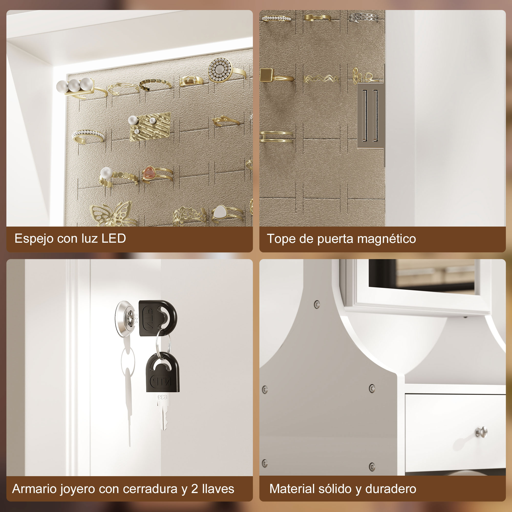 Armario joyero con espejo LED, pestillo magnético, cerradura y llaves.
