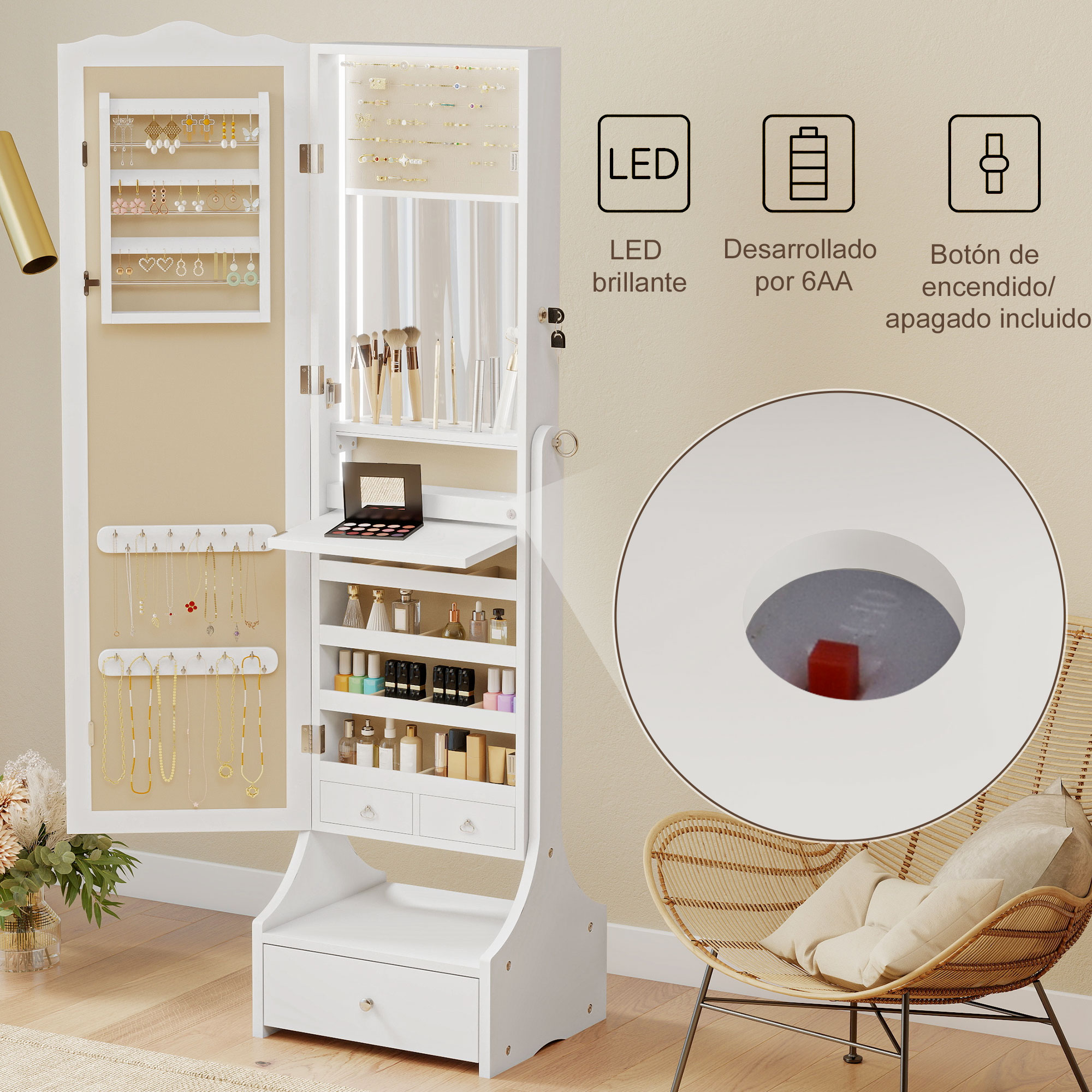 Un mueble joyero blanco con pendientes, collares, maquillaje y espejo.