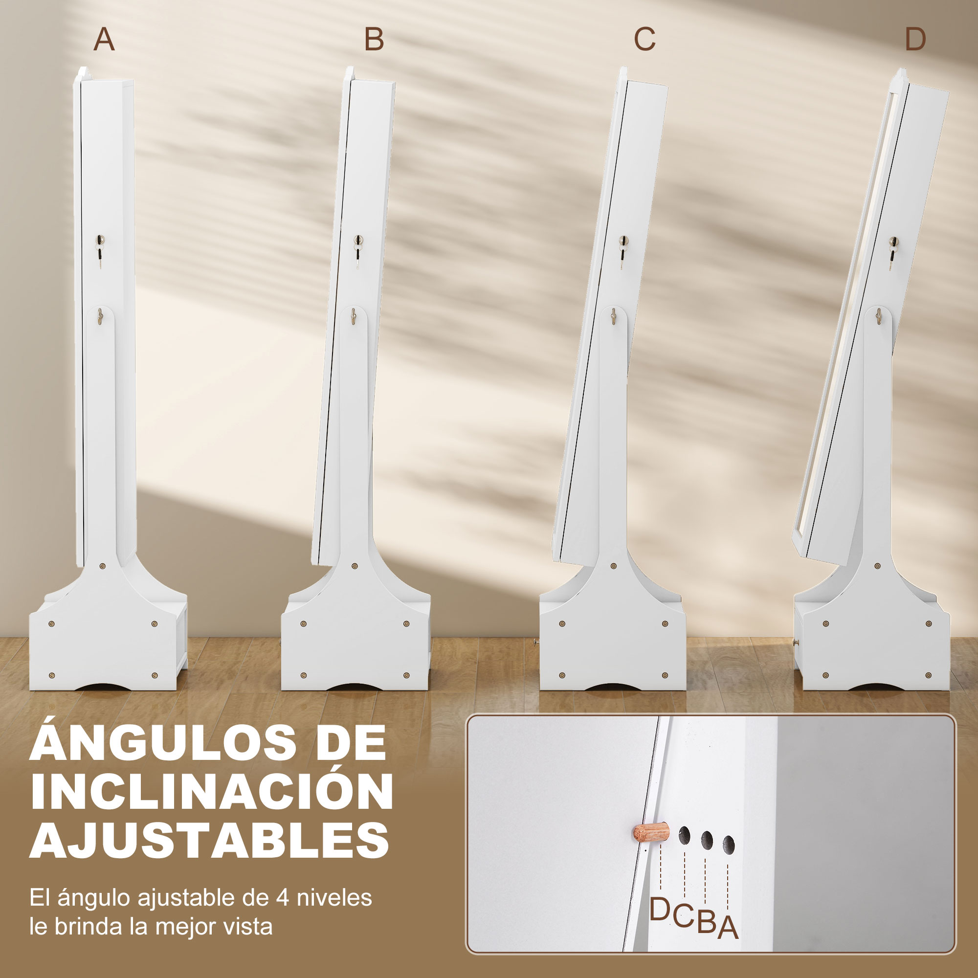 Cuatro armarios blancos con ángulos ajustables etiquetados A, B, C, D.