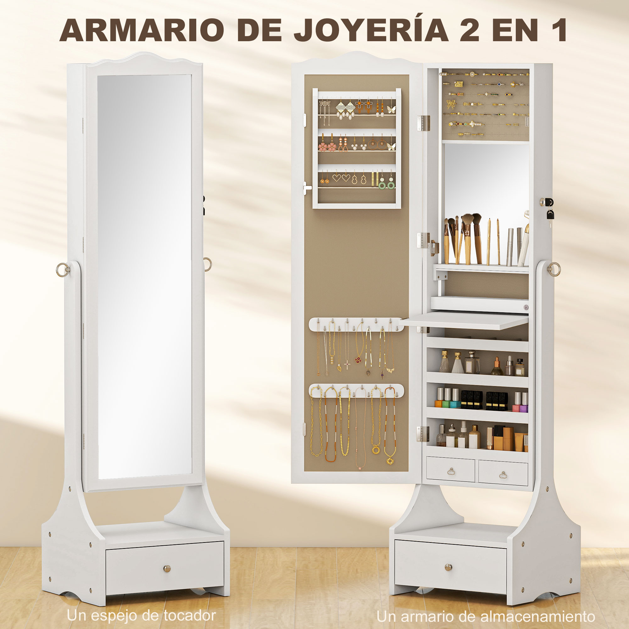 Un armario de joyería blanco con espejo, abierto, con joyas y cosméticos.