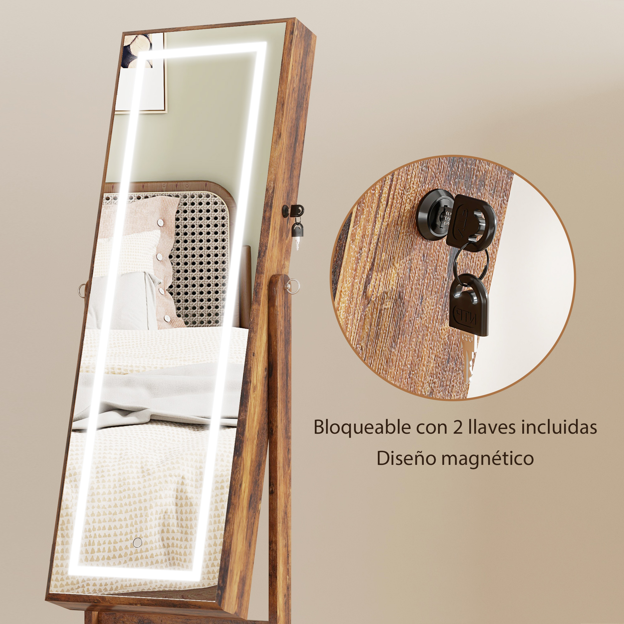 Un espejo con marco de madera e iluminación LED, el inserto muestra cerradura y llaves.