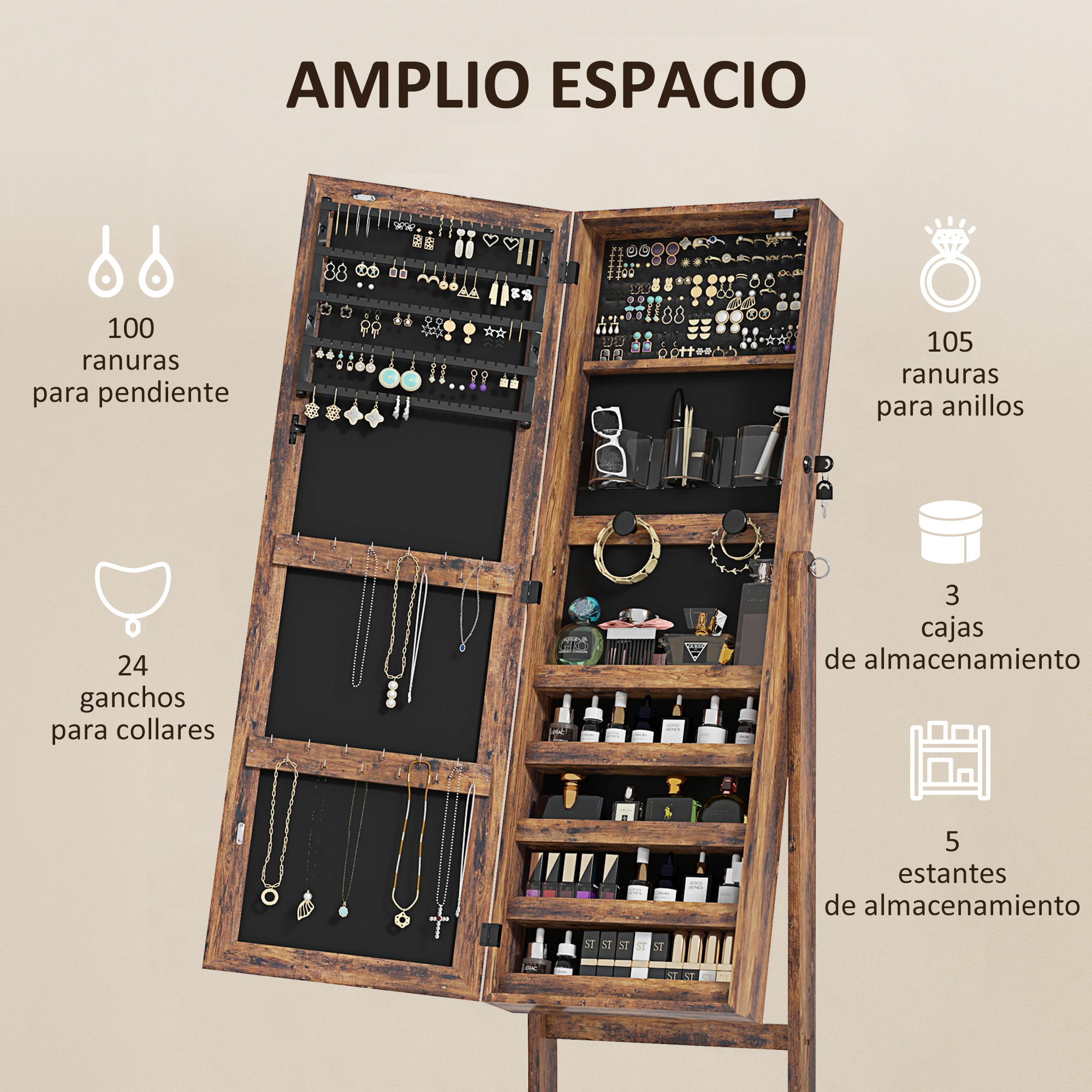 Armario de joyería de madera con muchos compartimentos para pendientes, anillos y collares.