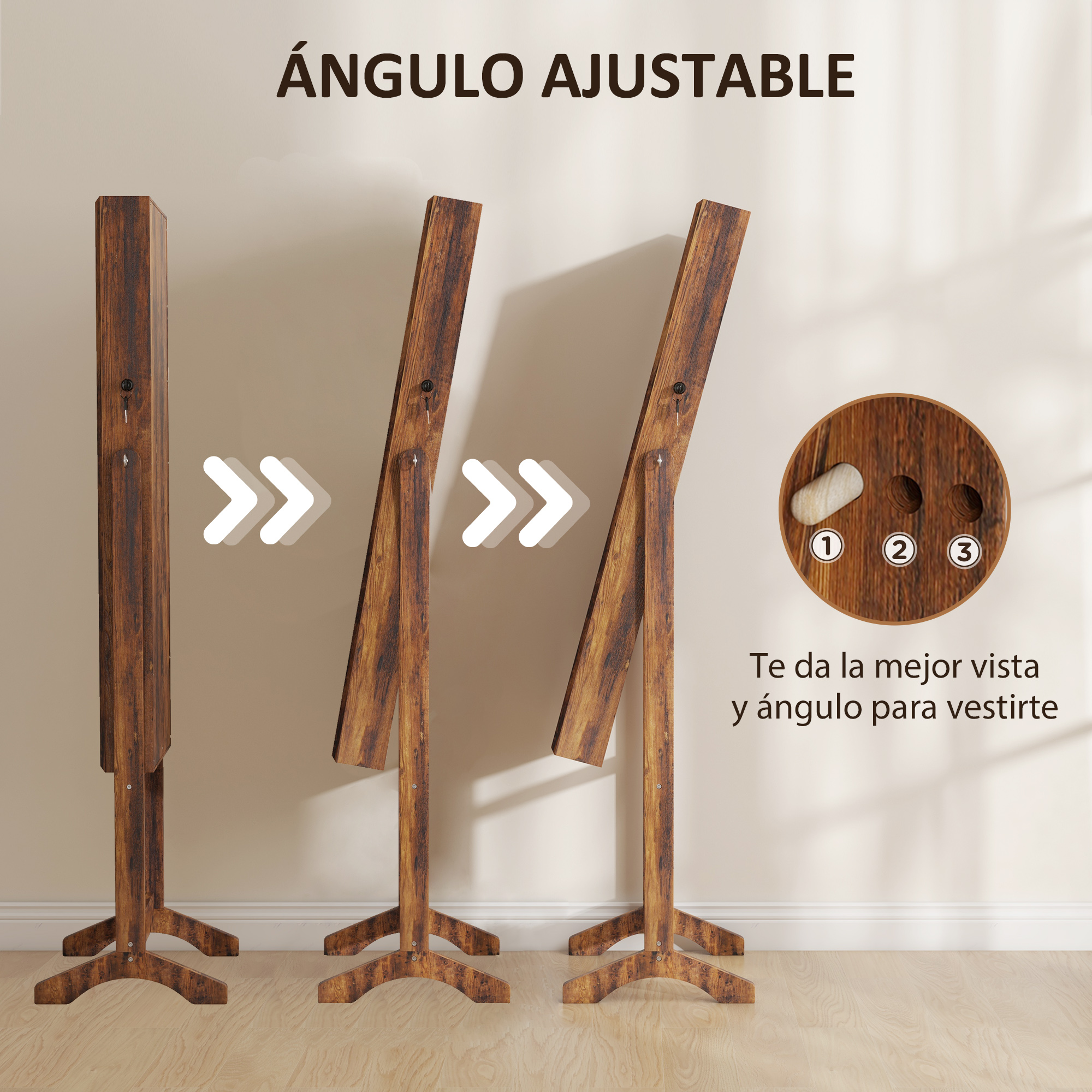 Un espejo de madera con soporte ajustable muestra tres opciones de ángulo.