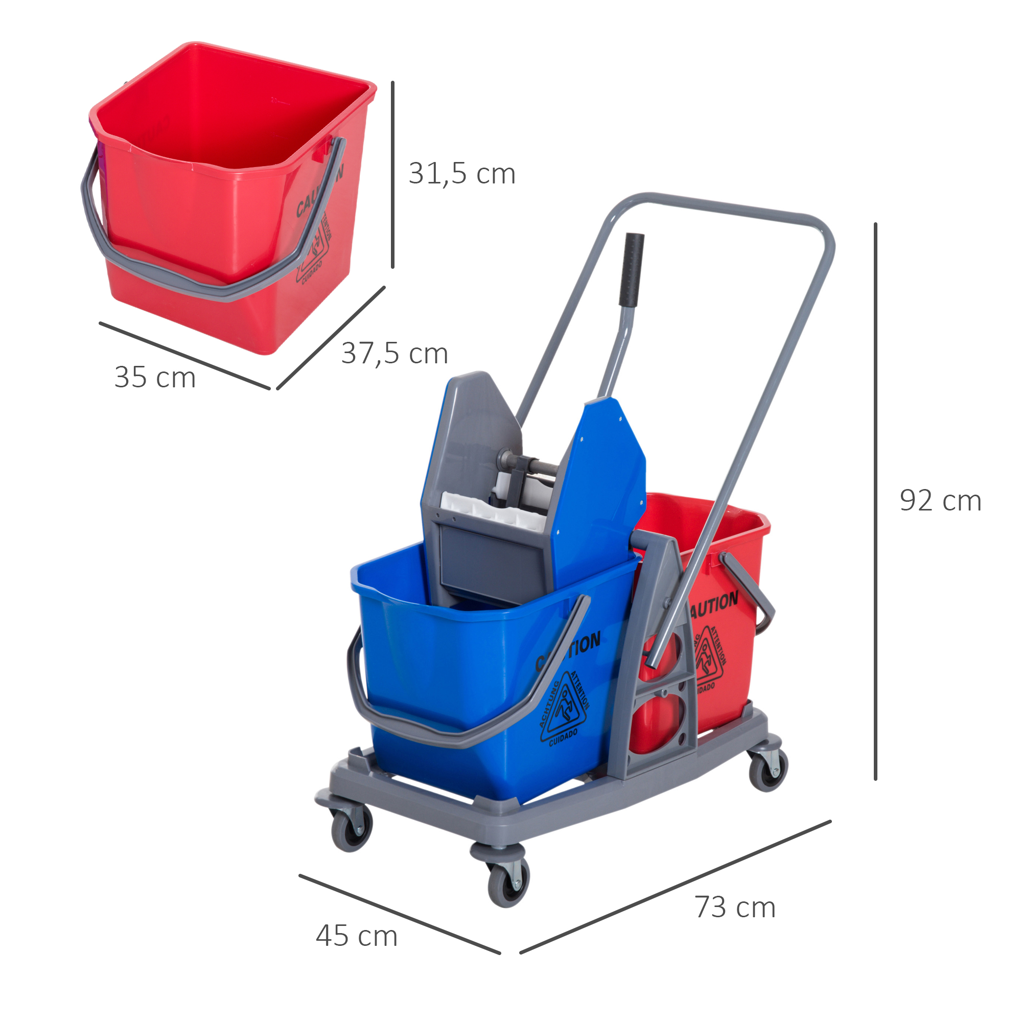 Un cubo rojo y un carro para cubos con cubos azul y rojo.