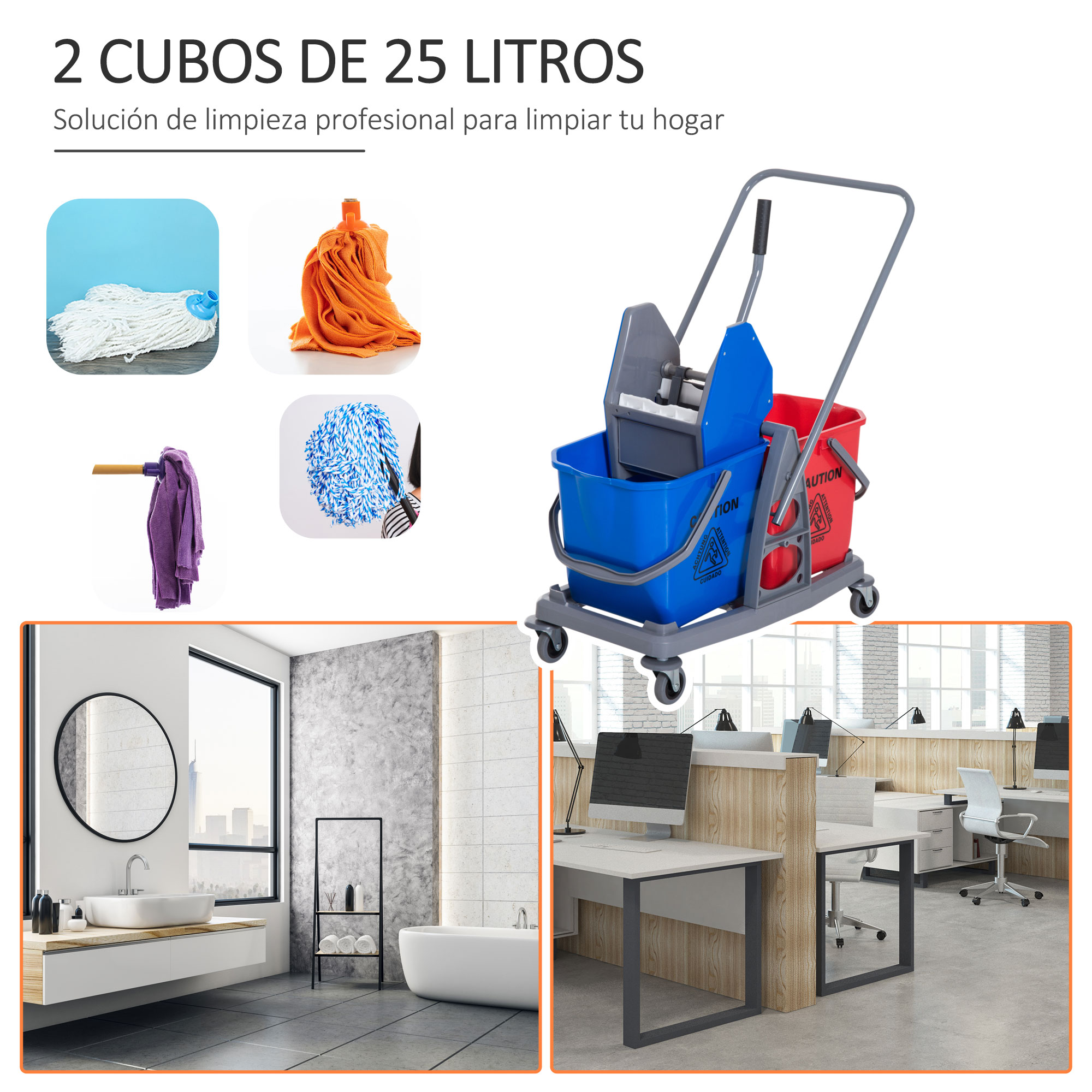 Carro de limpieza con cubos azul y rojo, fregonas, baño y oficinas.