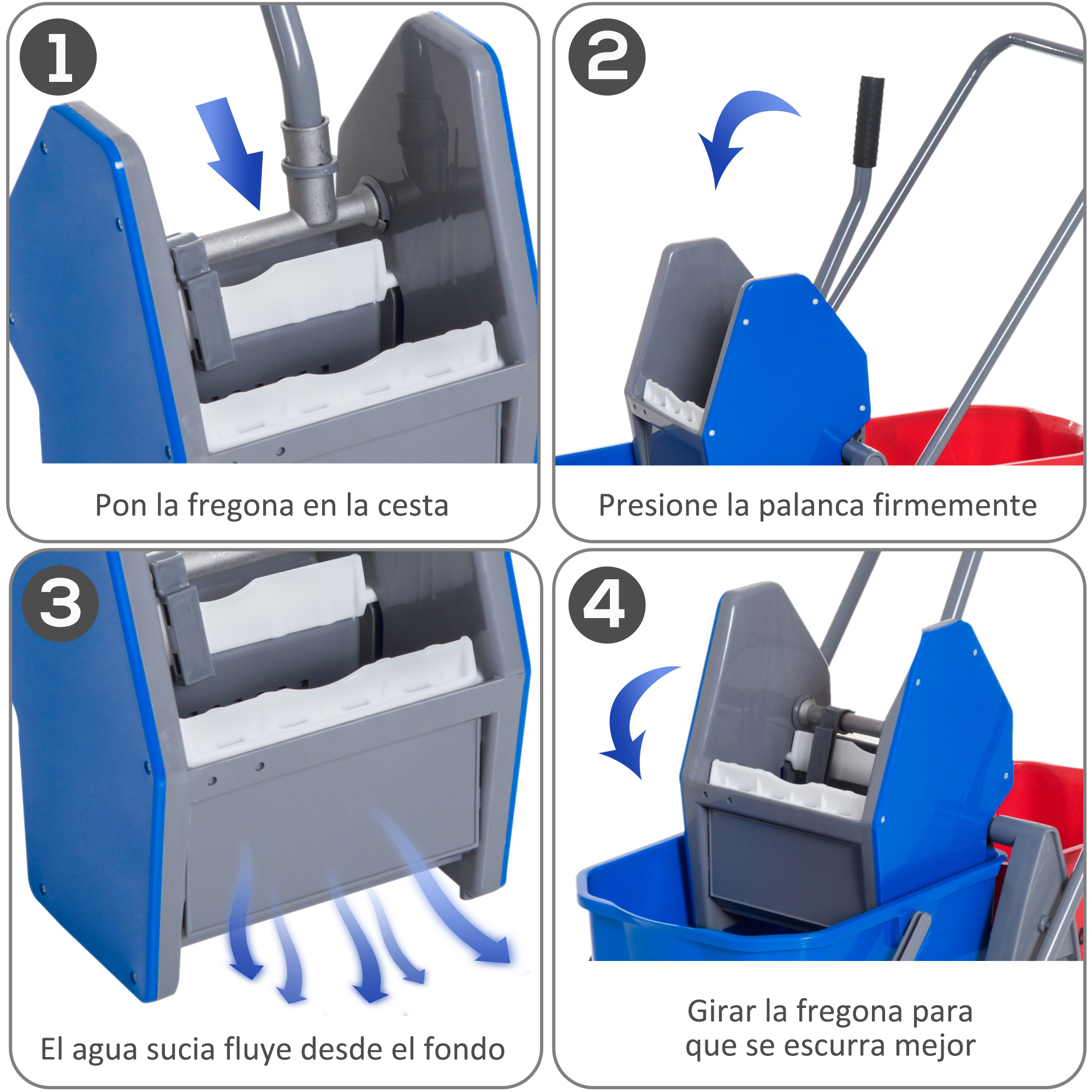 Instrucciones para la fregona: insertar fregona, presionar palanca, drenar agua.