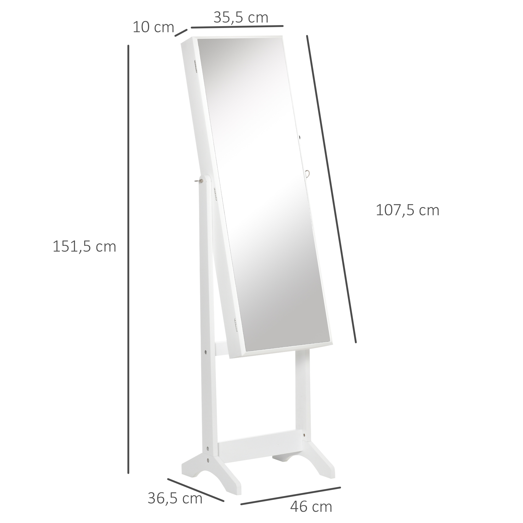 Un soporte de espejo blanco con dimensiones en cm. Un espejo de cuerpo entero está montado en un soporte.