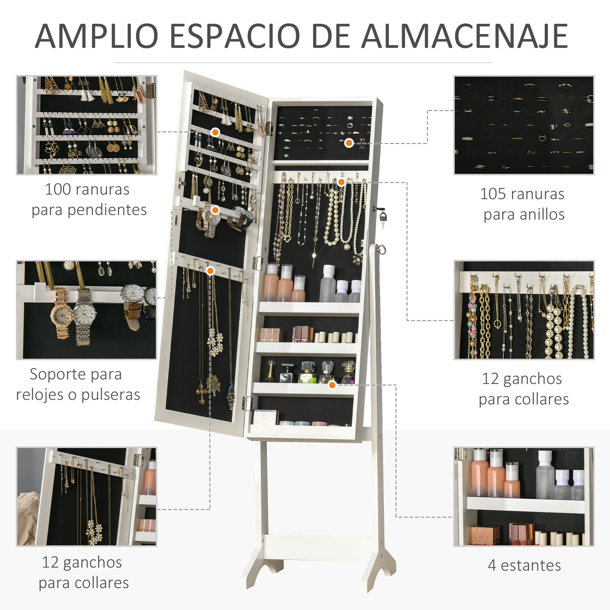 Un armario de joyería blanco abierto con muchos compartimentos y ganchos para joyas, relojes y cosméticos.