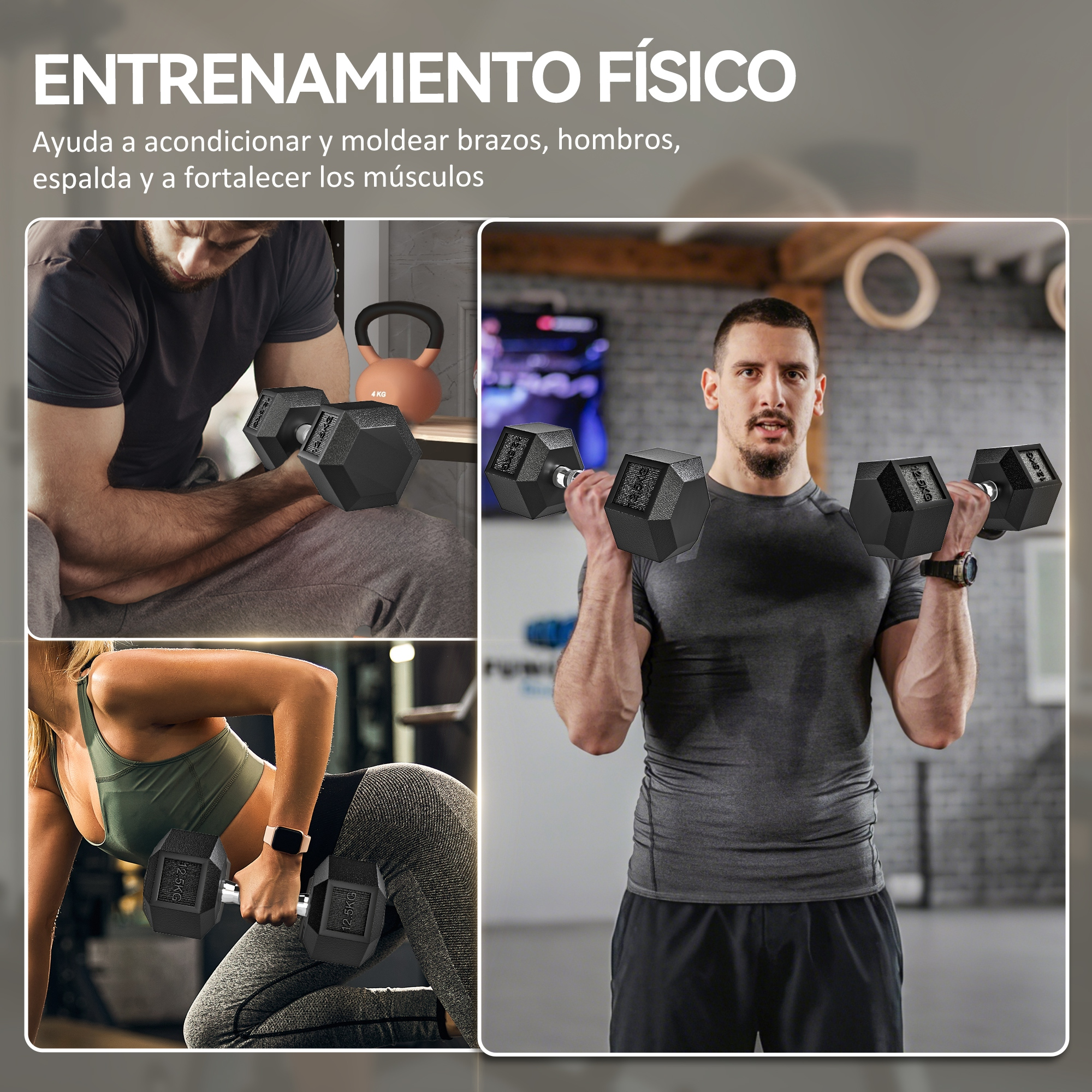 Un hombre levanta mancuernas, una mujer rema con mancuernas. Entrenamiento.