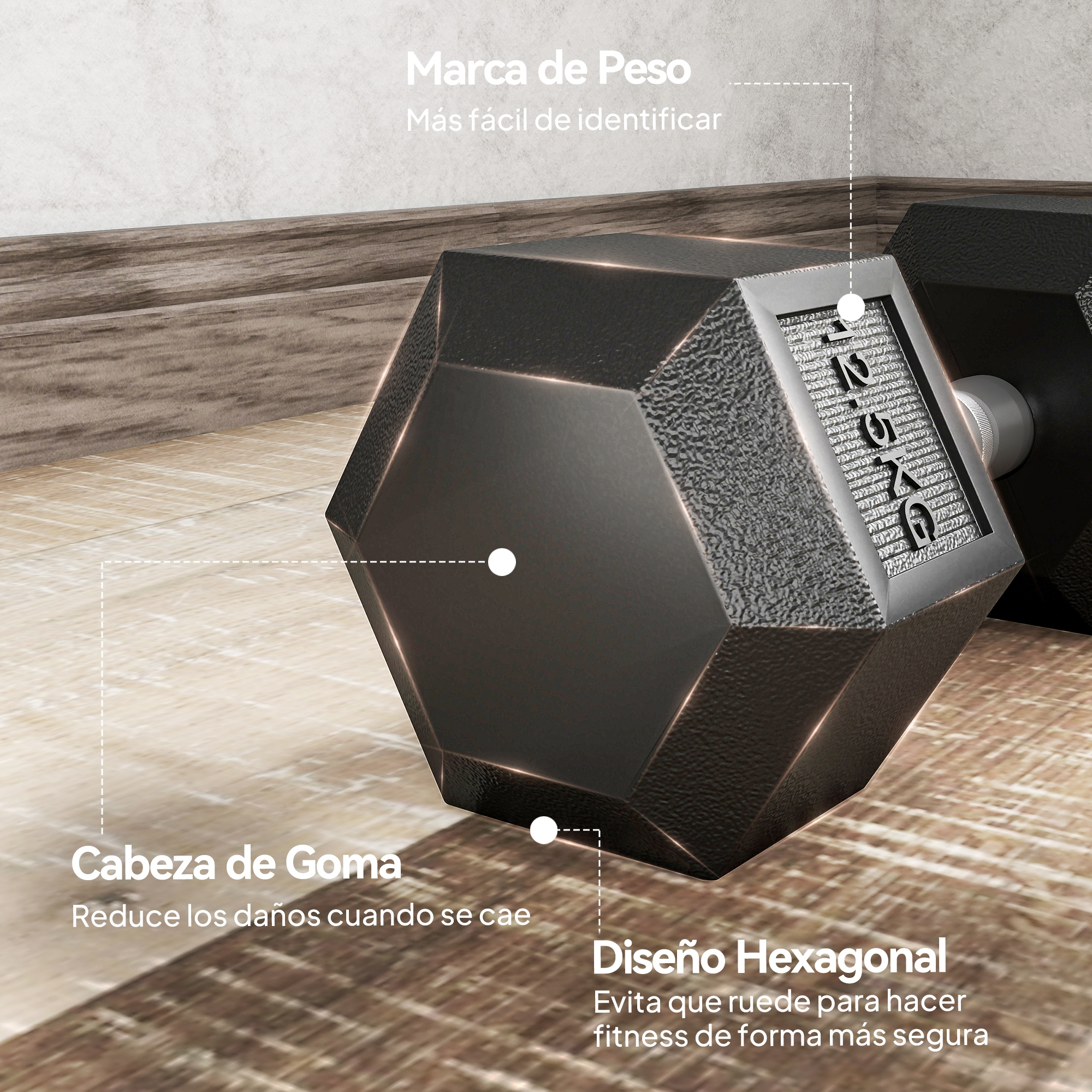 Mancuerna negra con indicador de 2.5kg, cabeza de goma y diseño hexagonal.