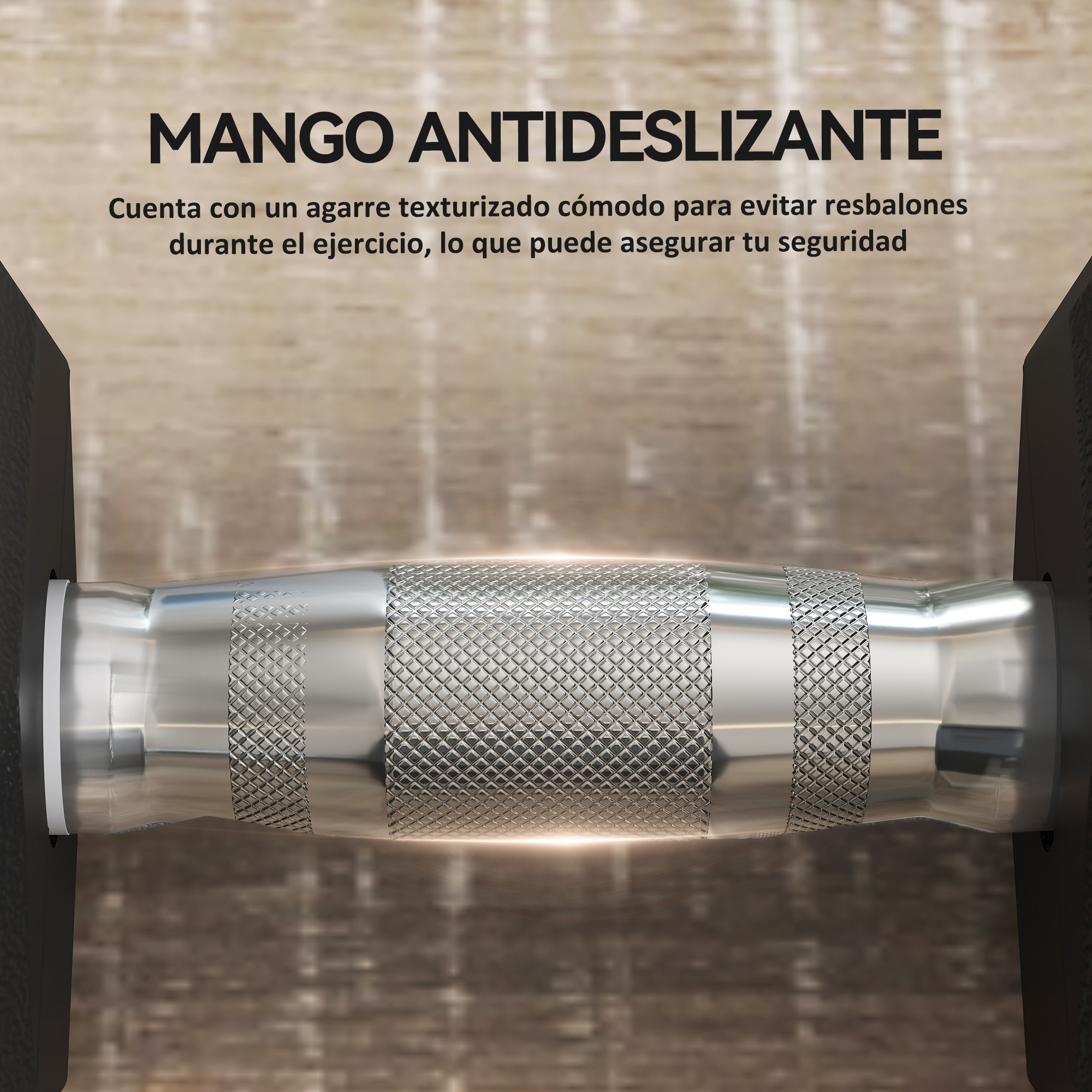 Primer plano de un mango de mancuerna texturizado para un agarre seguro.