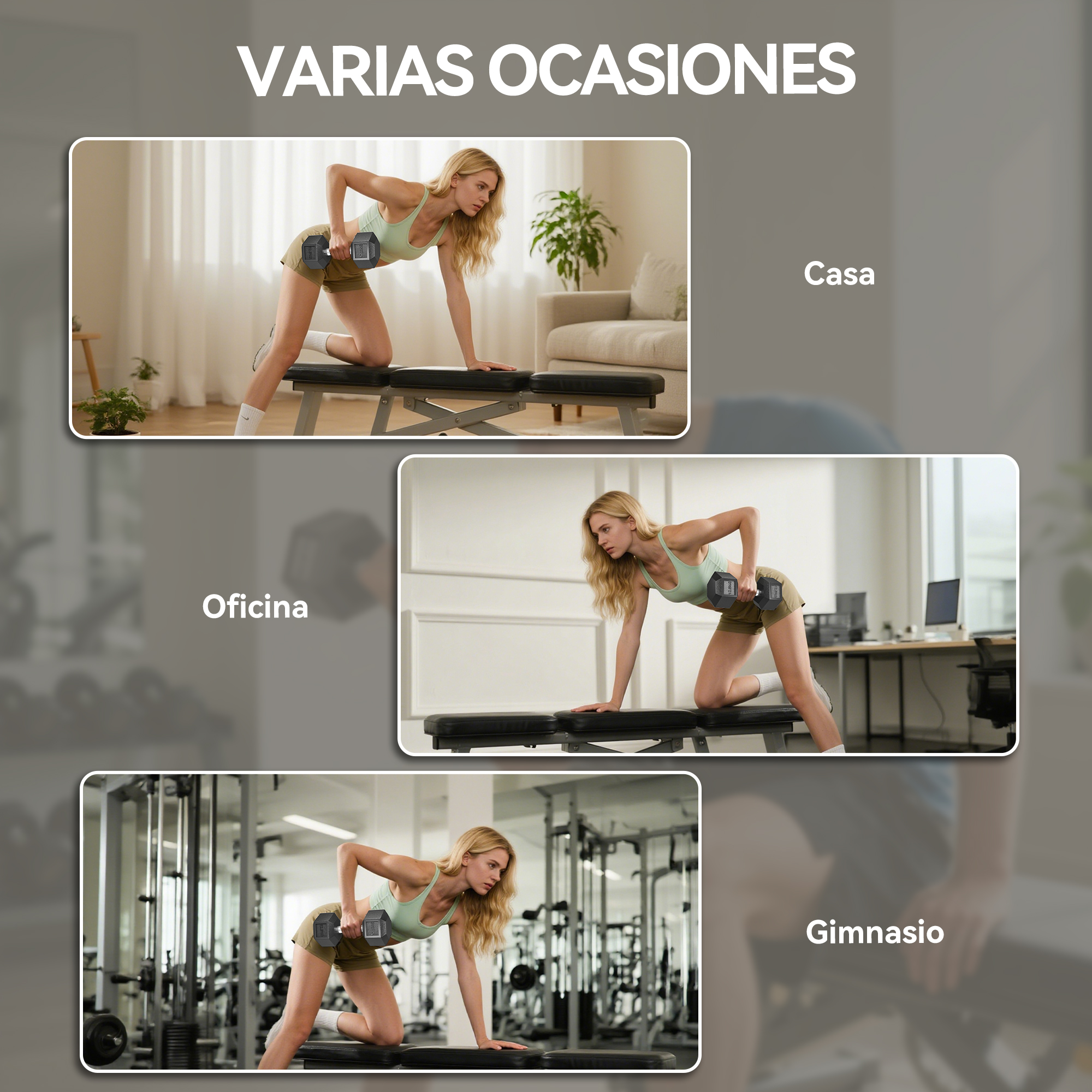 Mujer haciendo remo con mancuernas en casa, oficina y gimnasio.
