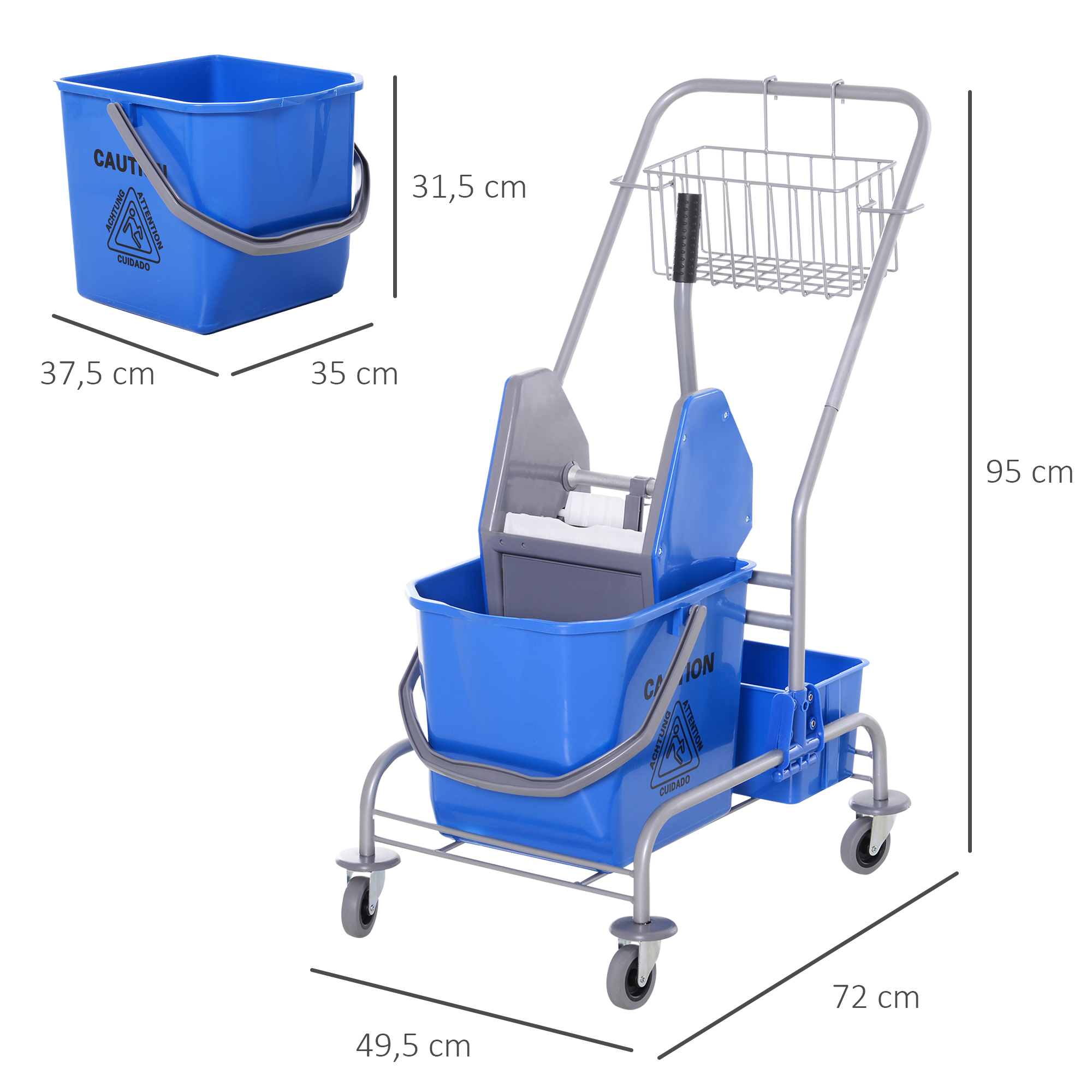 Carro azul para cubo de fregona con ruedas, cesta metálica y dos cubos.
