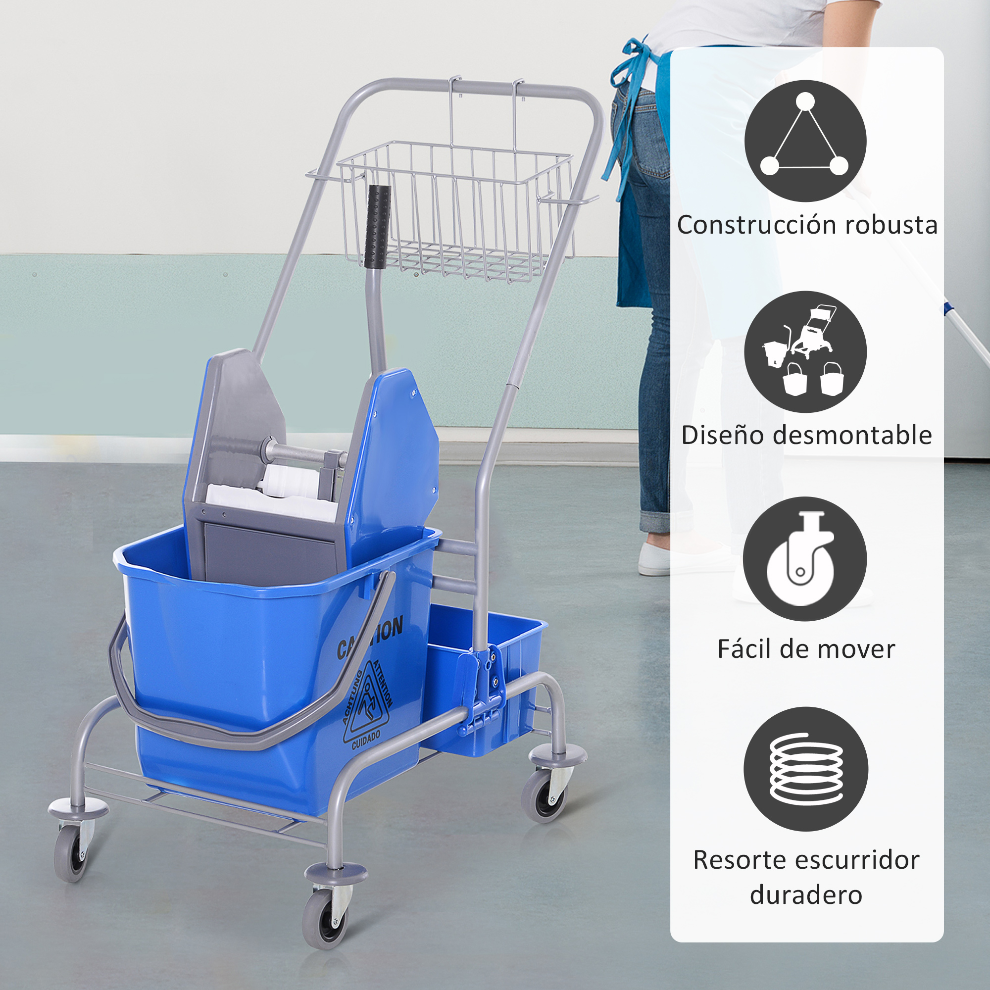 Un carrito de limpieza azul con marco de metal, cubo y asa.