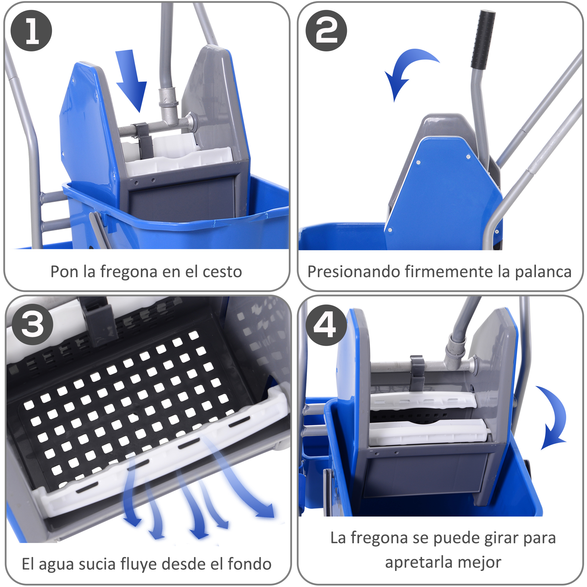 Cubo de fregona azul con 4 pasos: Insertar, Presionar, Drenar, Escurrir.