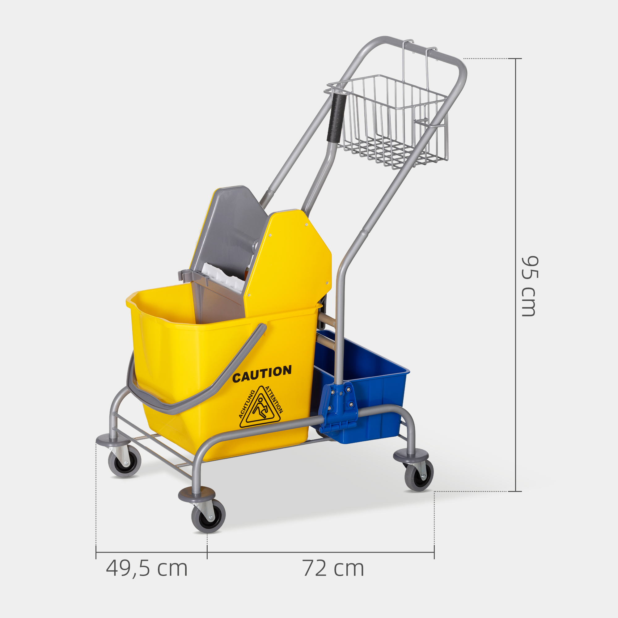 Un carro de limpieza amarillo y azul con ruedas, cesta y señal de advertencia.