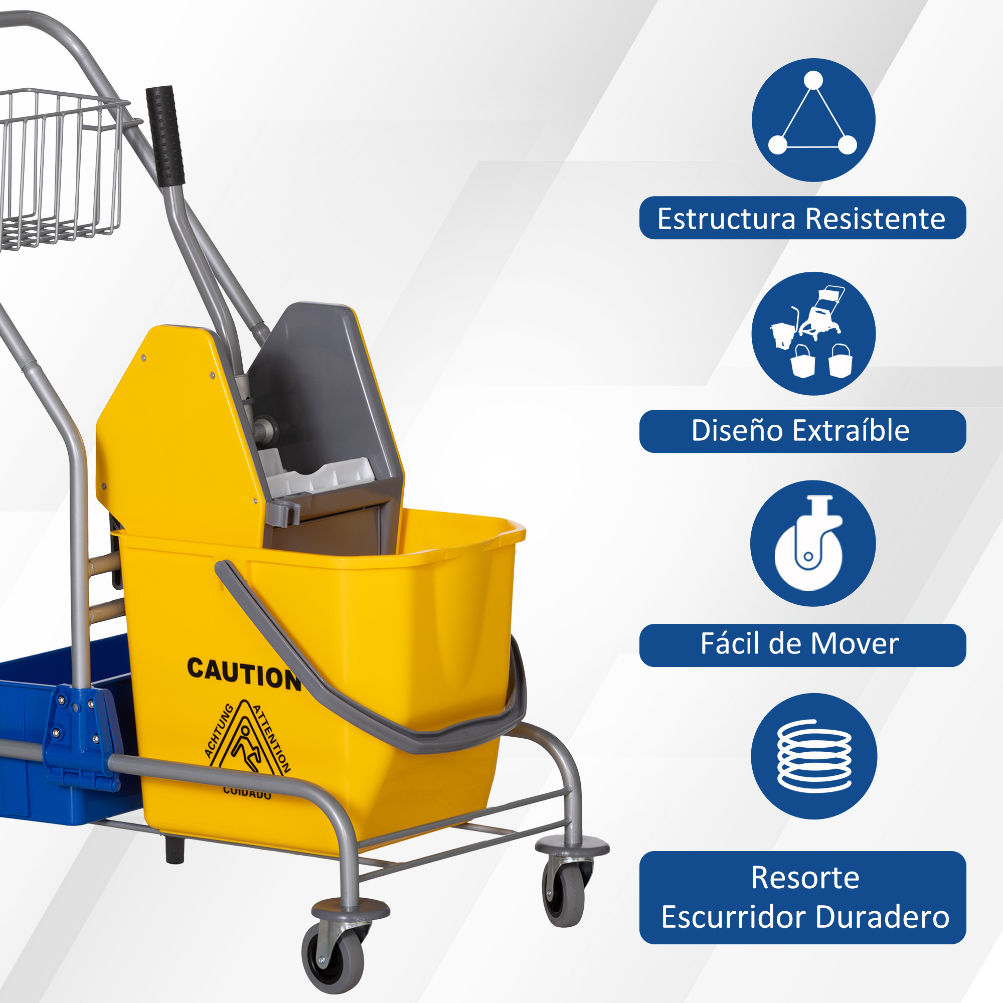 Un carrito amarillo para cubos de mopa con asas, ruedas y una cesta. Varios iconos y texto a la derecha.
