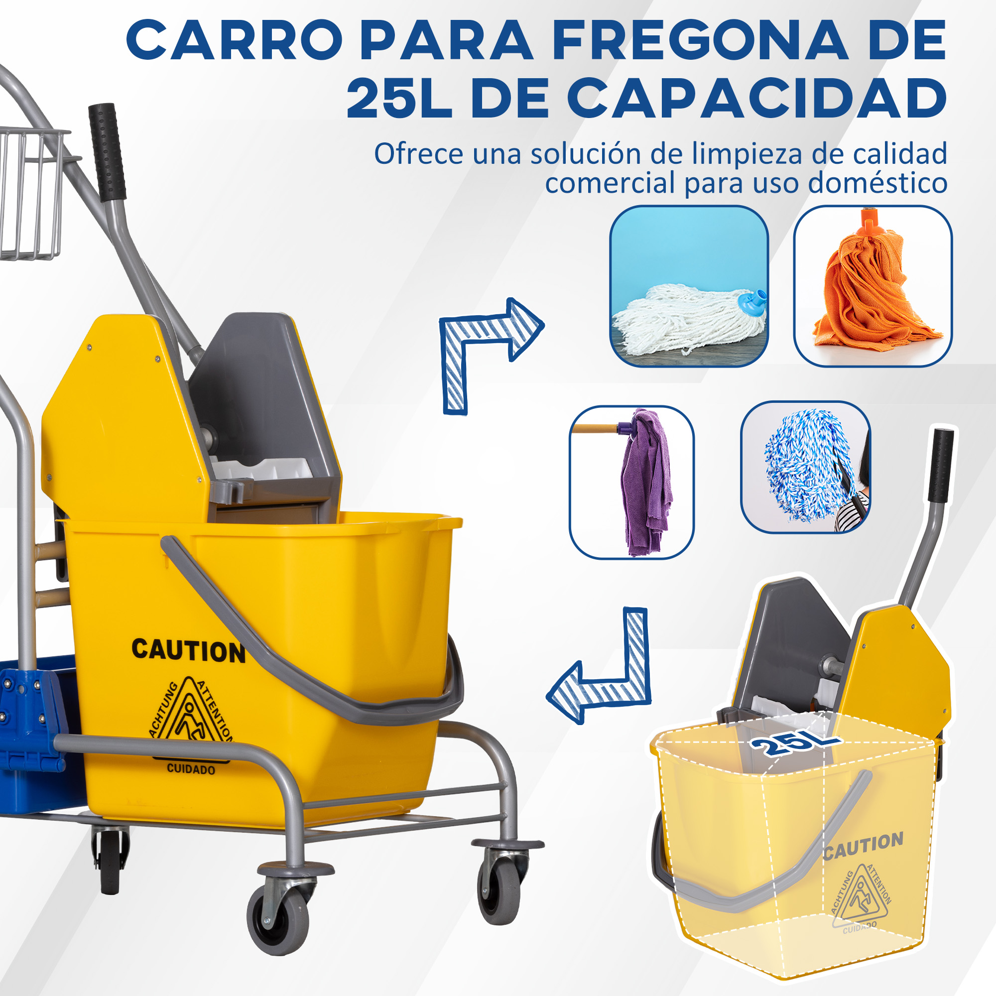 Un carro de limpieza amarillo con un cubo, una fregona y varios paños de limpieza.