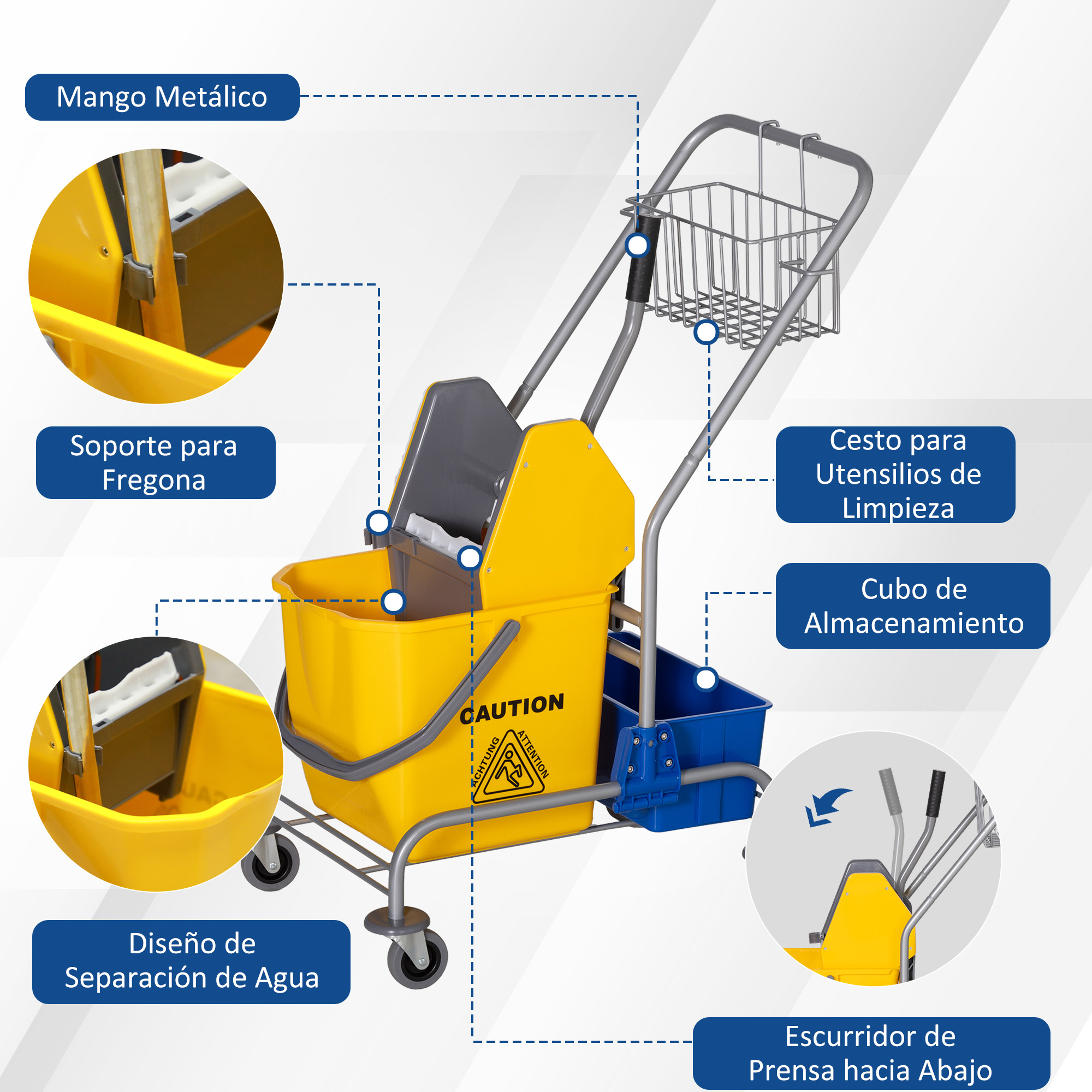 Un carrito de limpieza amarillo con marco metálico, cesta, cubo y escurridor.