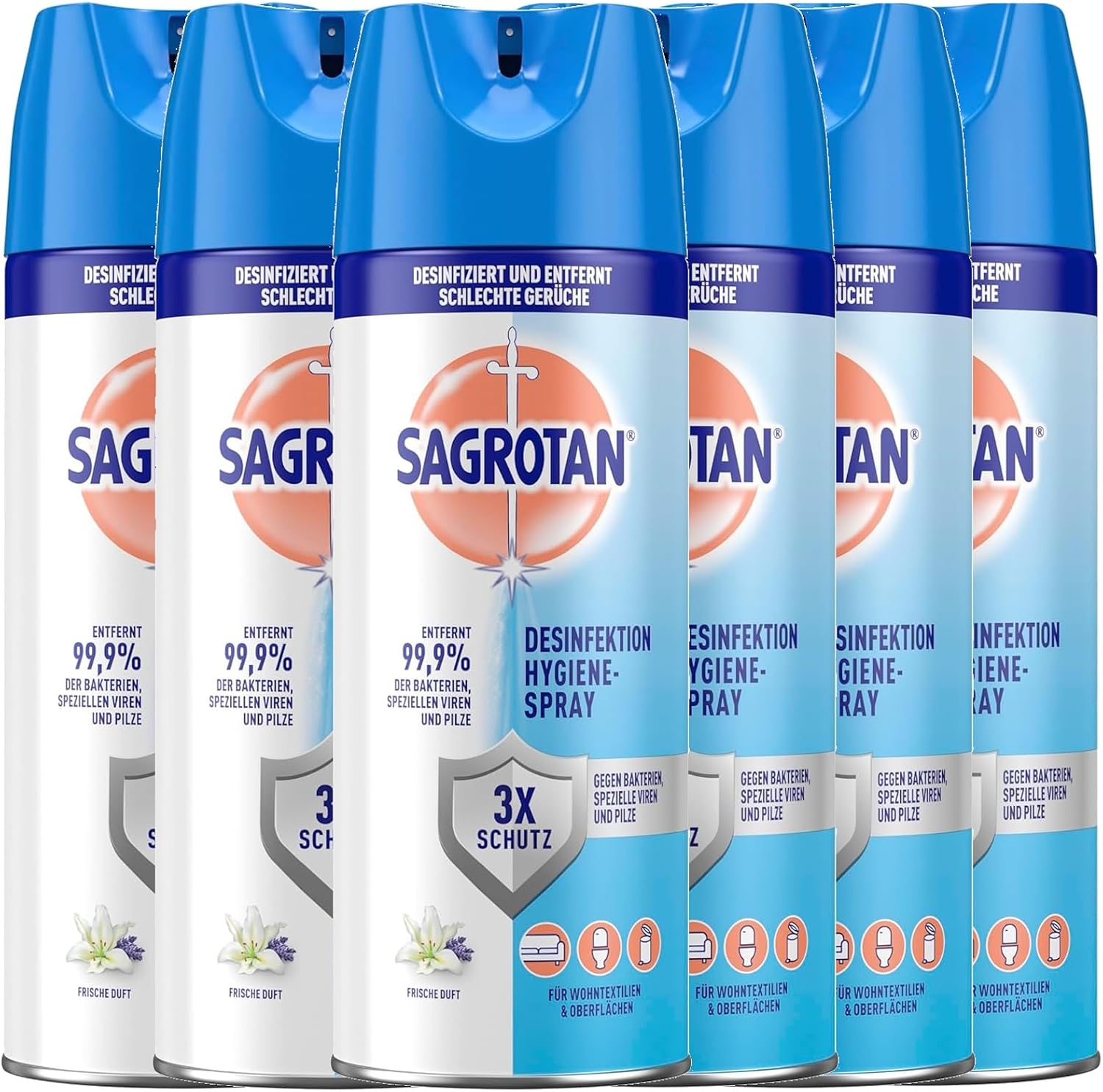 Sechs Spraydosen Sagrotan Hygiene-Spray in Blau und Weiß mit rotem Logo.