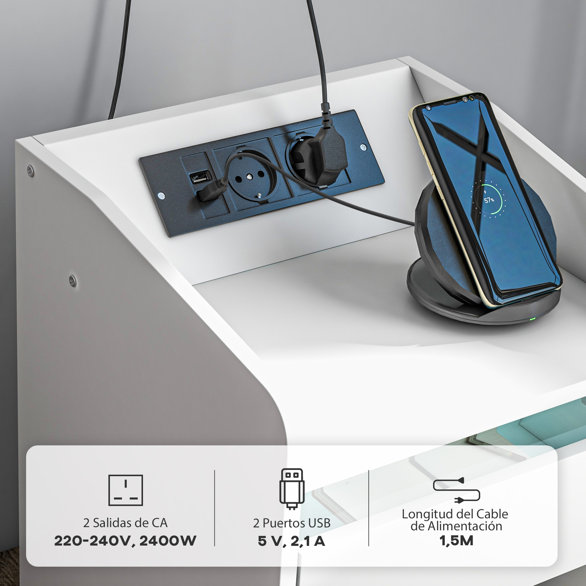 Mesita de noche blanca con regleta integrada, puertos USB y base de carga inalámbrica para smartphone.