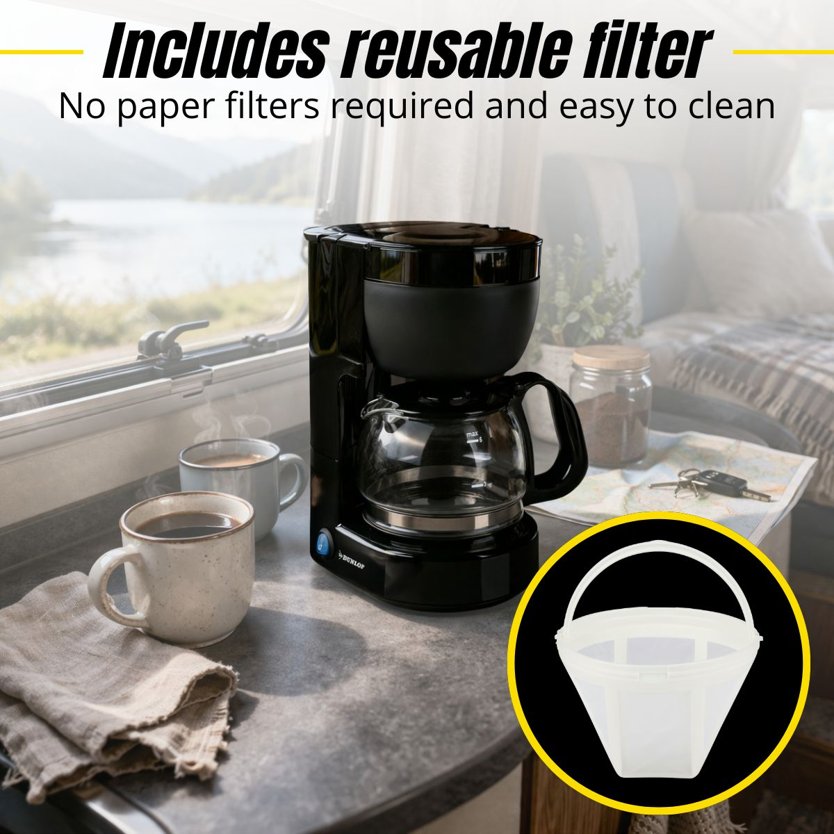 Black coffee maker with two mugs, reusable filter shown in inset. RV interior.