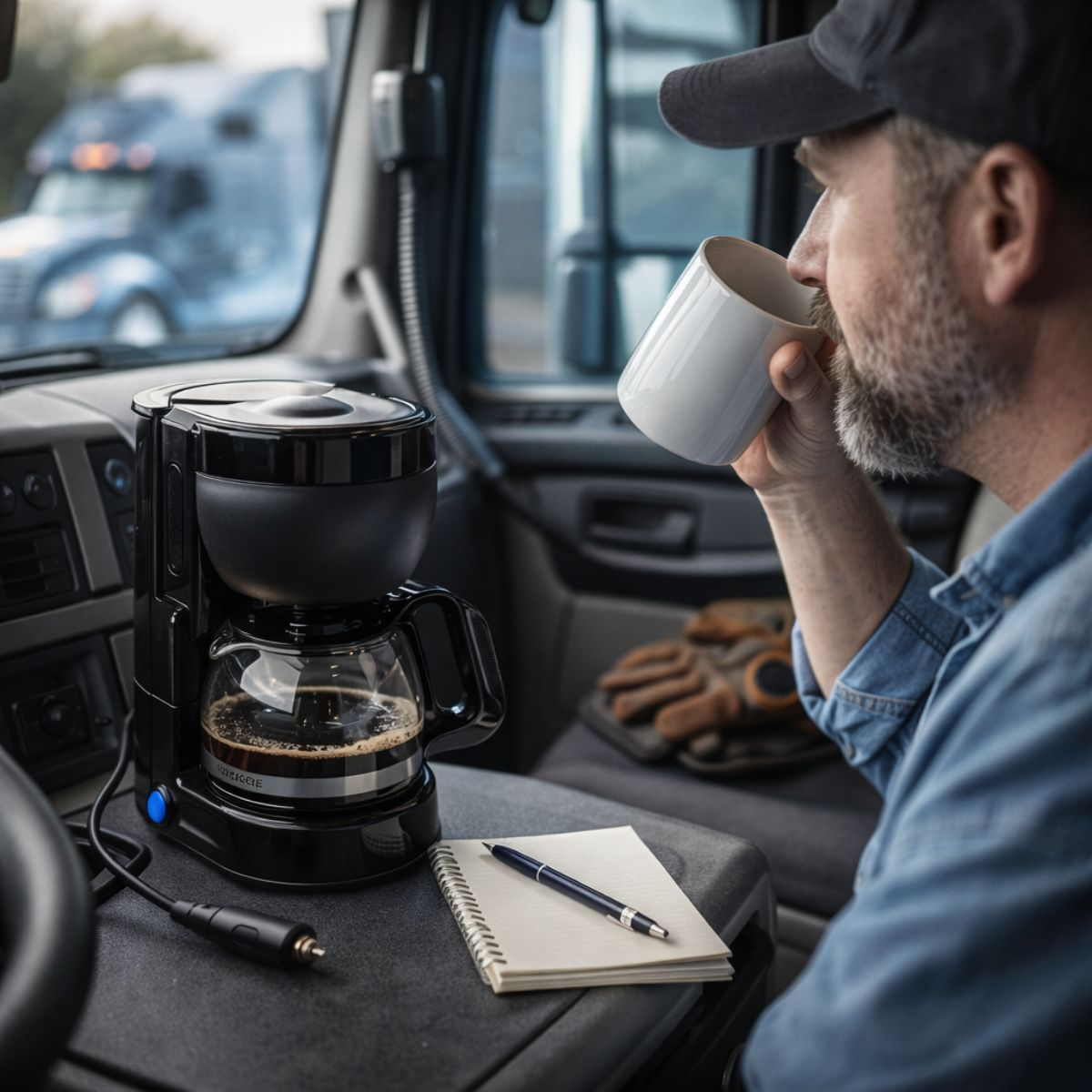 Man in truck cab drinks coffee from mug. Coffee maker, notebook, pen, gloves visible.