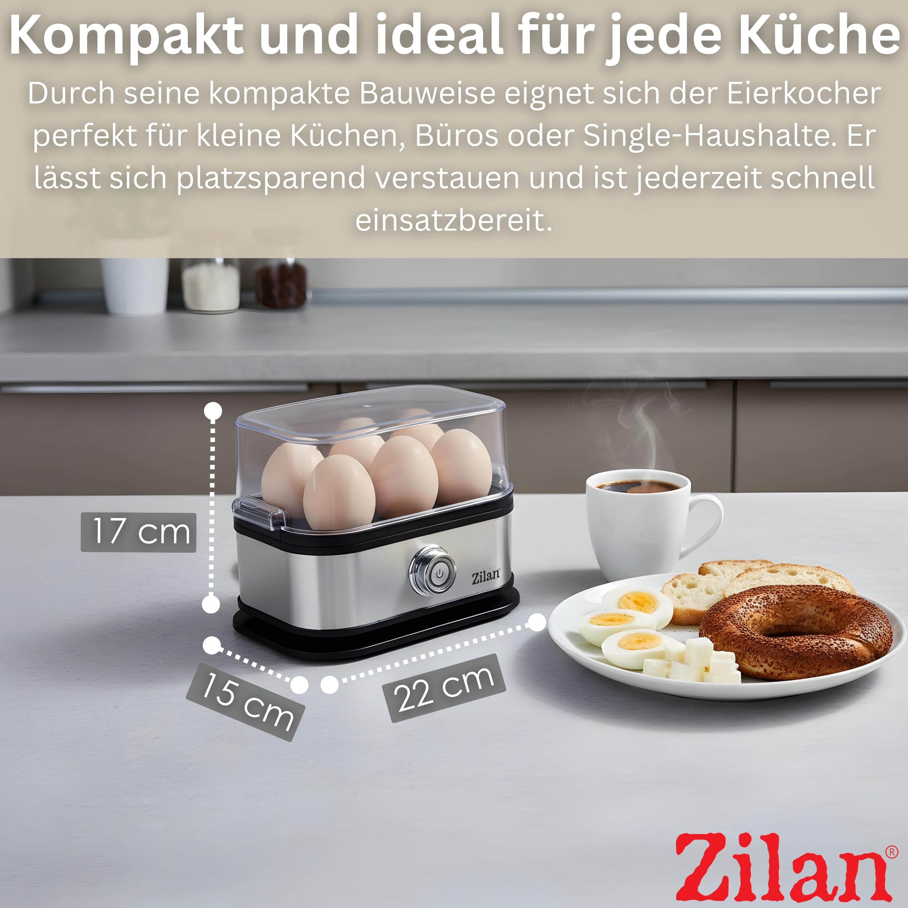 Urządzenie do gotowania jajek z sześcioma jajkami, kawą, bajglem i serem na stole.