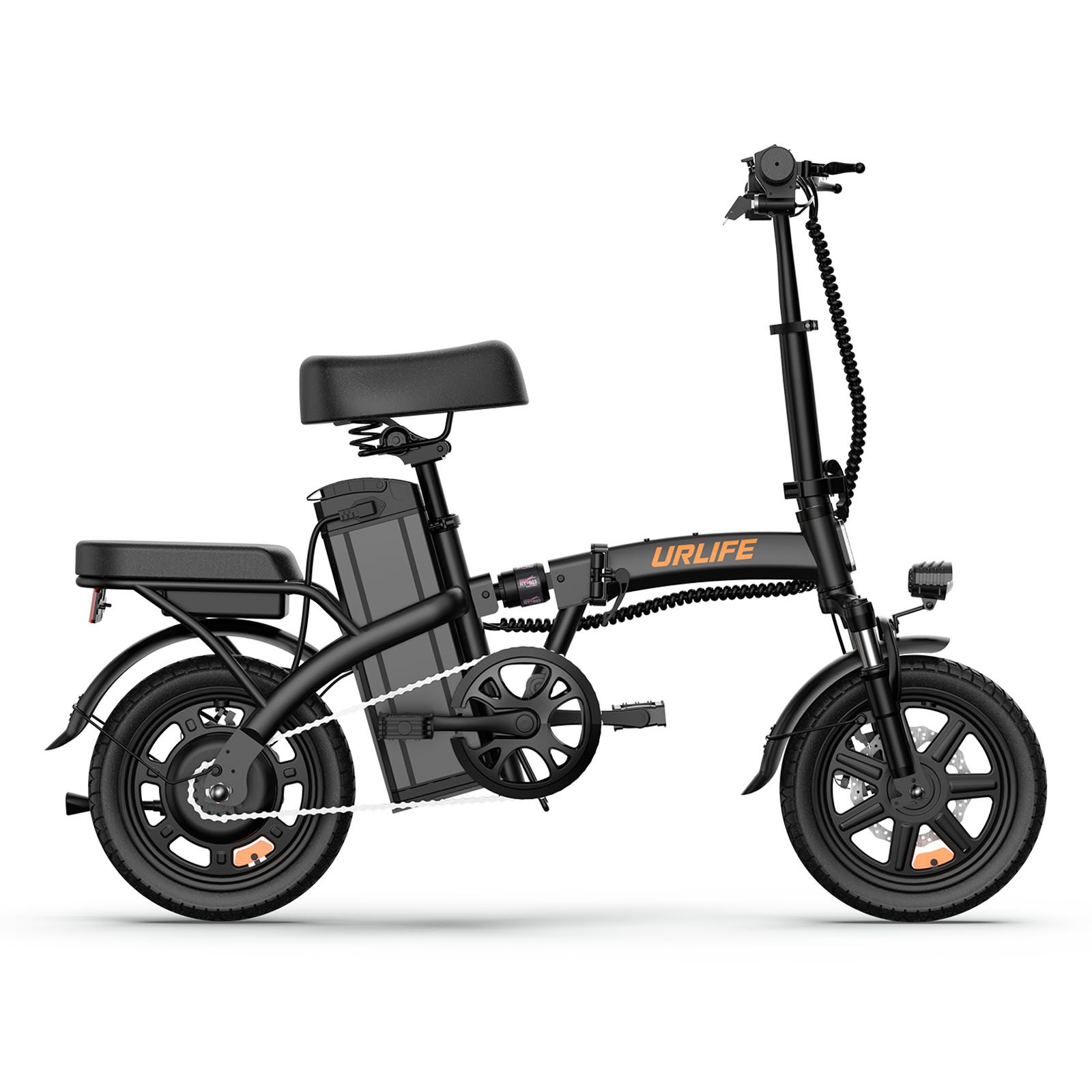 Ein schwarzes faltbares E-Bike mit orangefarbenem Schriftzug.