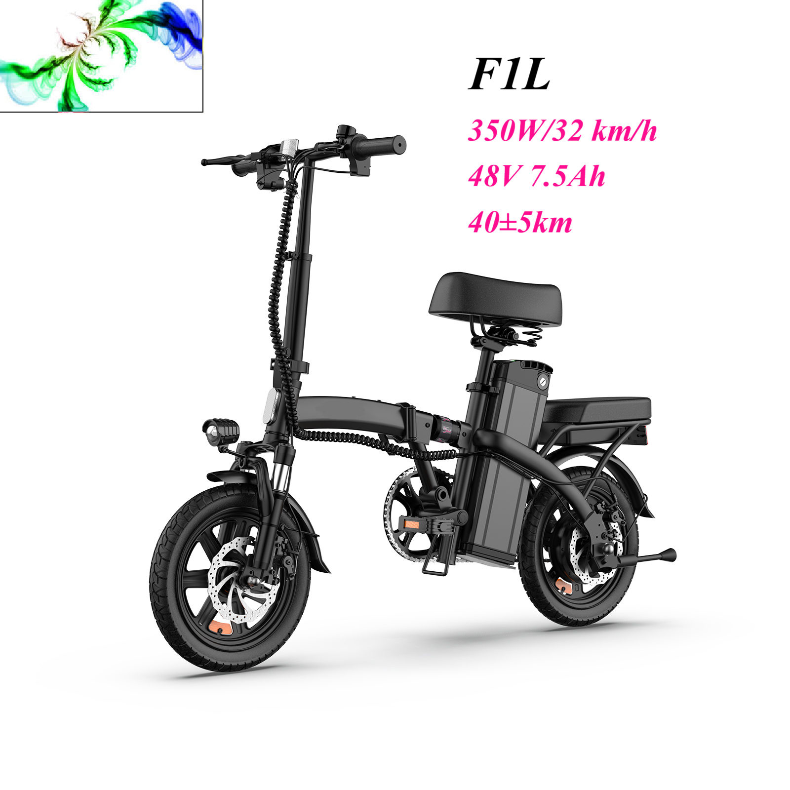 Schwarzes Klapp-Elektrofahrrad mit Sitz, Akku und Spezifikationen.