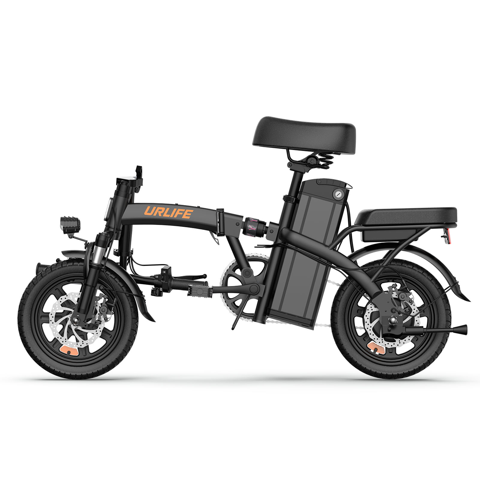 Schwarzes faltbares Elektrofahrrad mit niedrigem Rahmen und breiten Reifen.