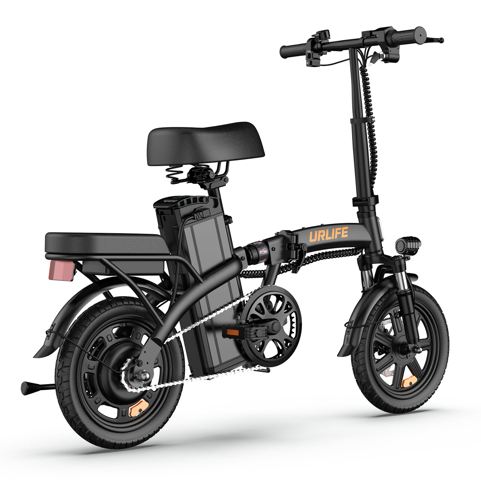 Schwarzes faltbares E-Bike mit Federung, Gepäckträger und Scheinwerfer.