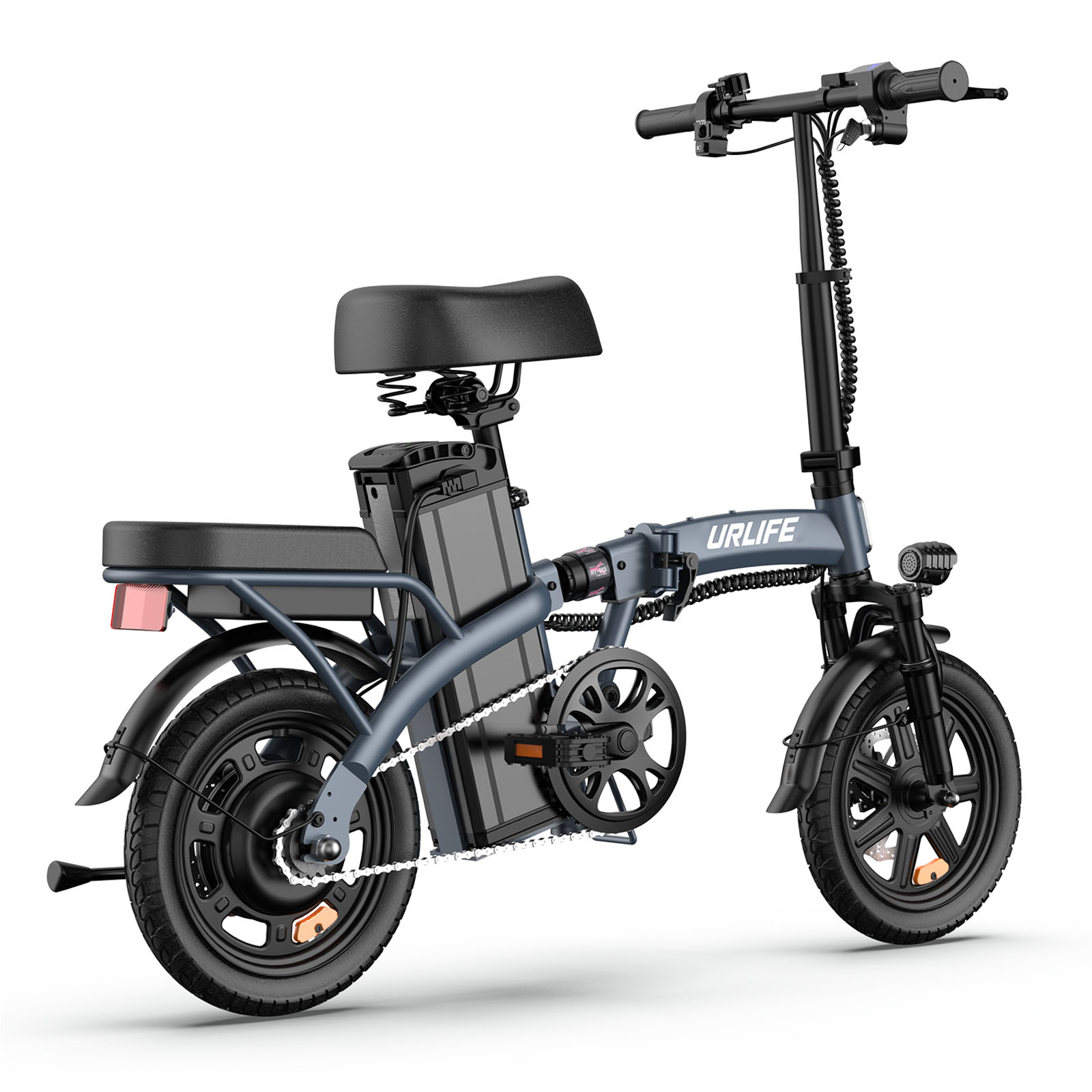 Graues faltbares Elektrofahrrad mit schwarzem Sattel, Batterie und Lichtern.