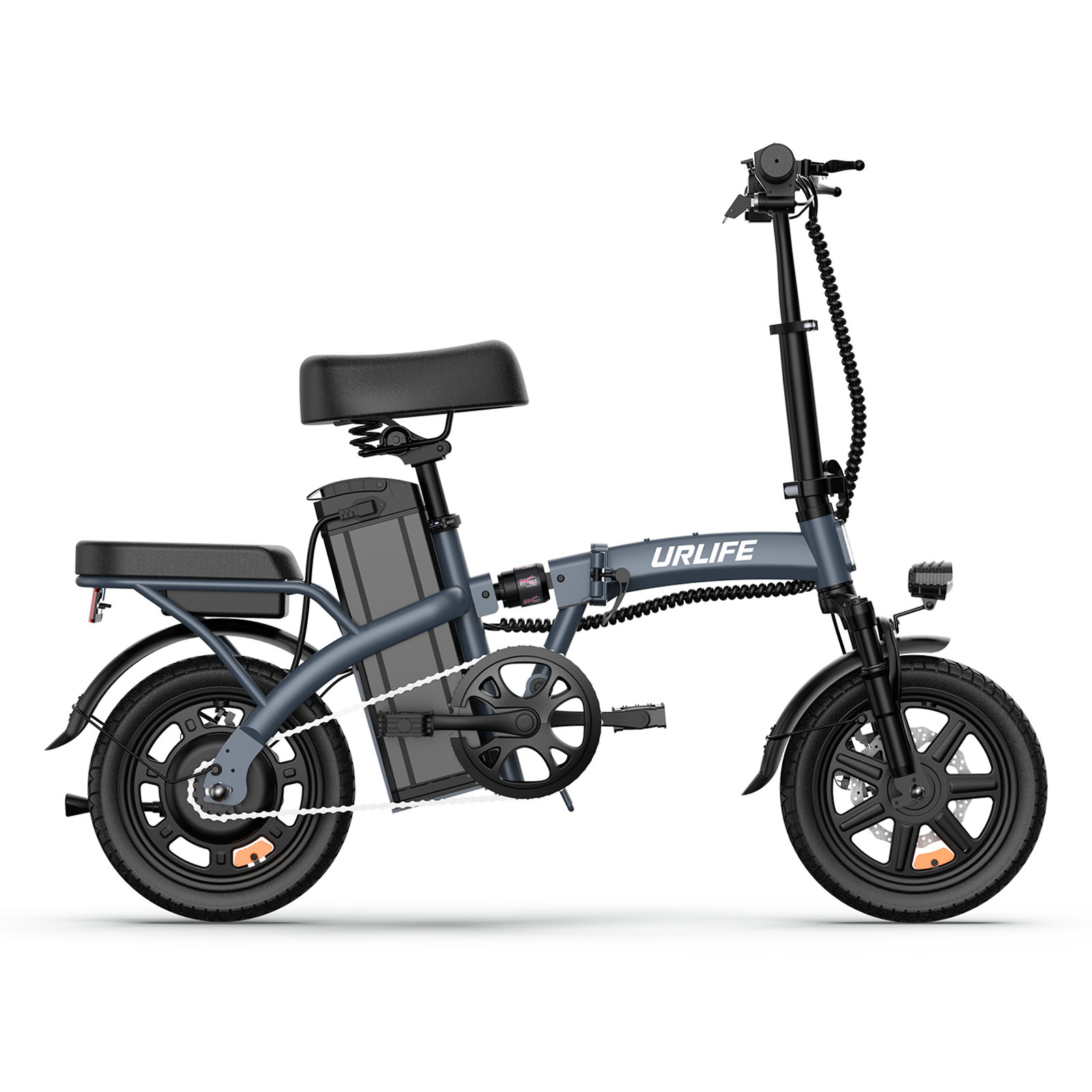 Ein graues faltbares E-Bike mit schwarzem Sattel, Batterie und Reifen.
