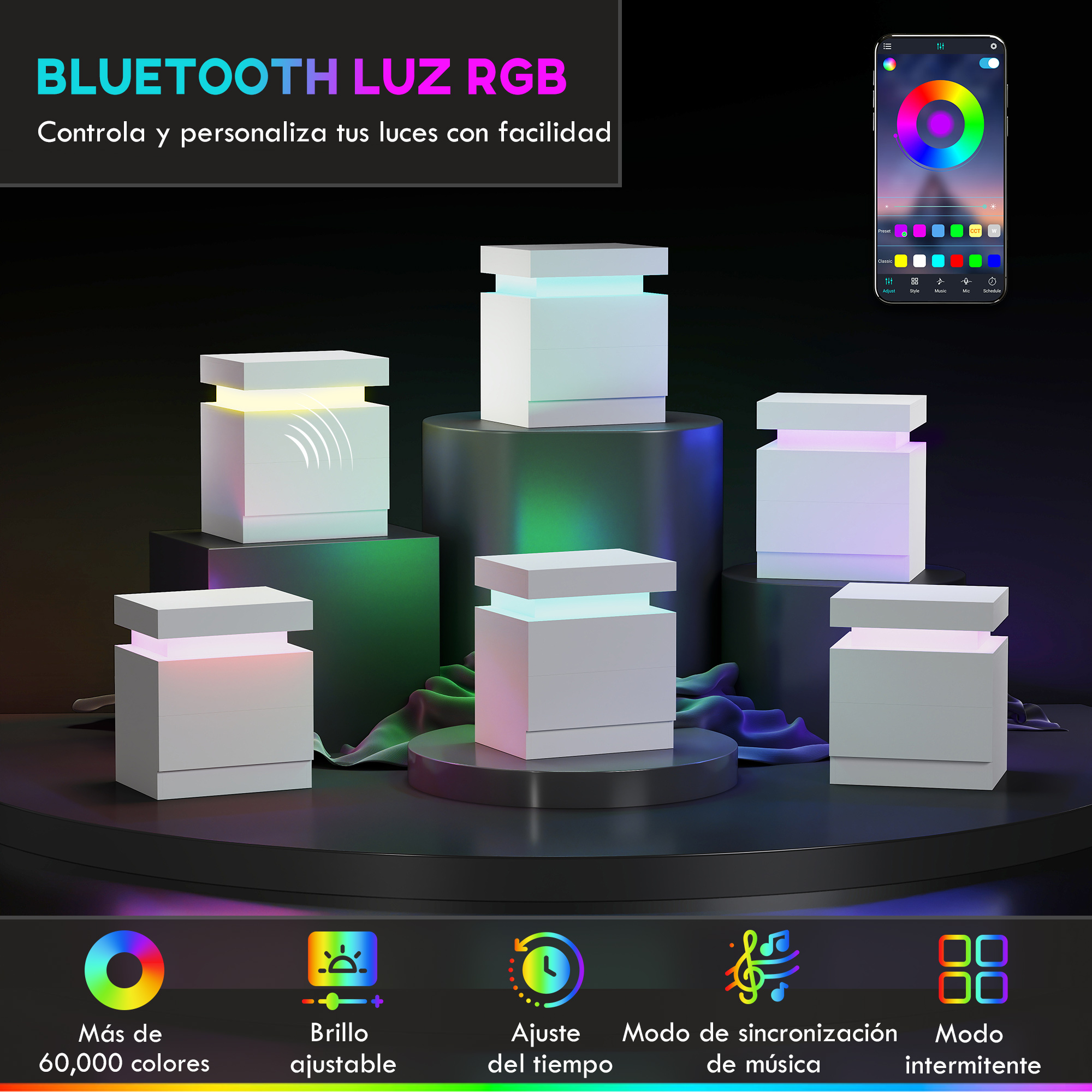 Lámparas LED cúbicas blancas con luz RGB sobre pedestales, junto al control de una app.