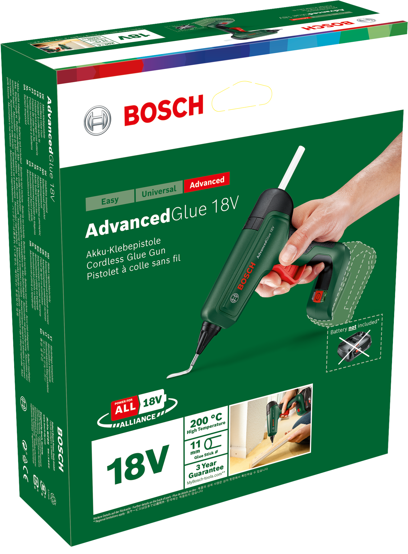 Pistolet à colle sans fil Bosch 18V en boîte, tenu en main, avec note 'batterie non incluse'.
