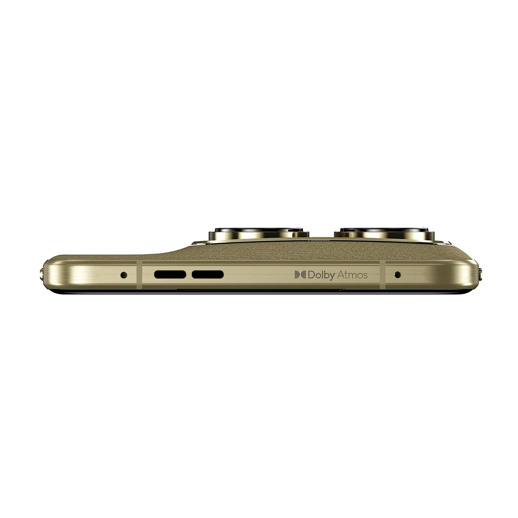 Vista lateral dorada de smartphone con logo Dolby Atmos y dos lentes.